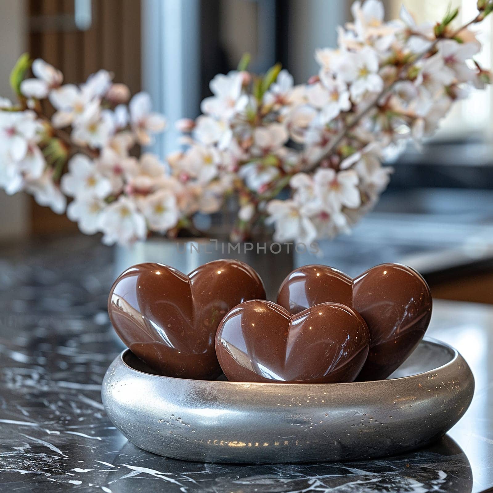 Pair of chocolate hearts nestled in silver box, set against backdrop of cherry blossoms for White Day.