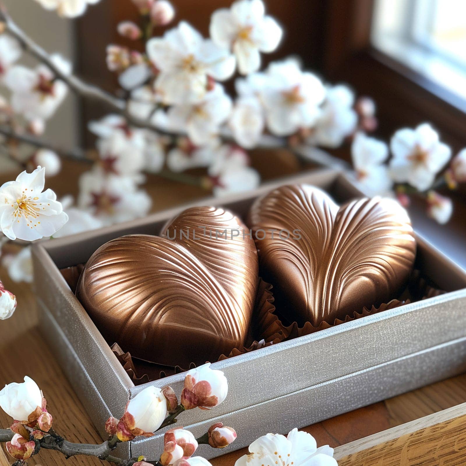 Pair of chocolate hearts nestled in silver box, set against backdrop of cherry blossoms for White Day.