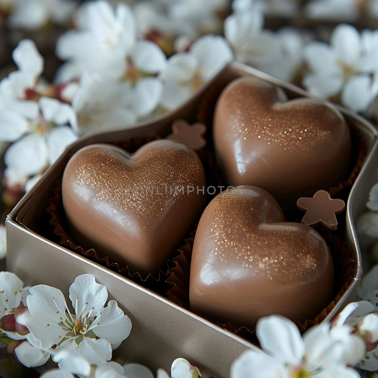 Pair of chocolate hearts nestled in silver box, set against backdrop of cherry blossoms for White Day.