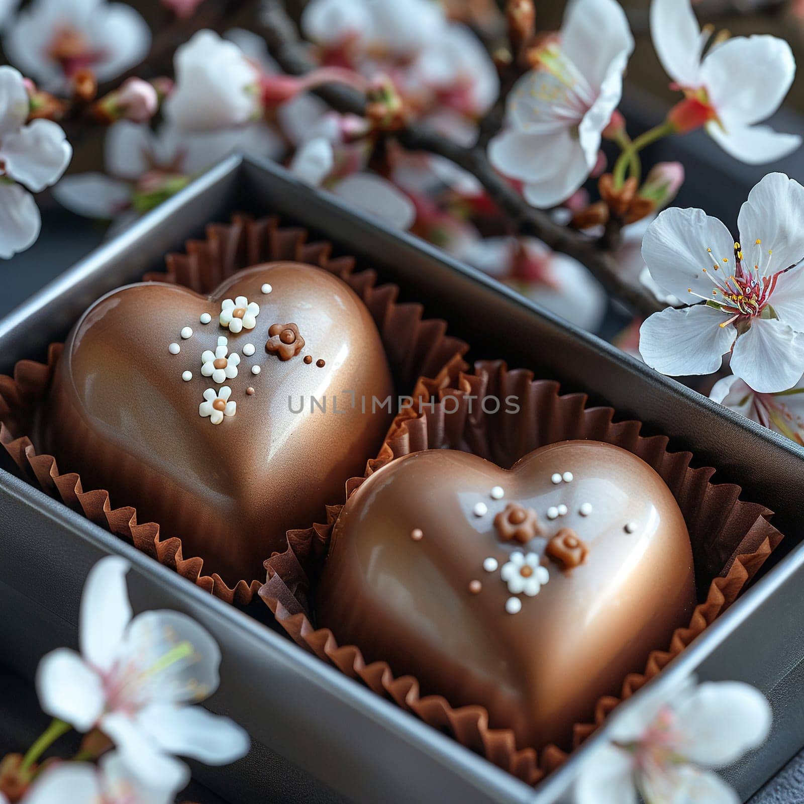 Pair of chocolate hearts nestled in silver box by Benzoix