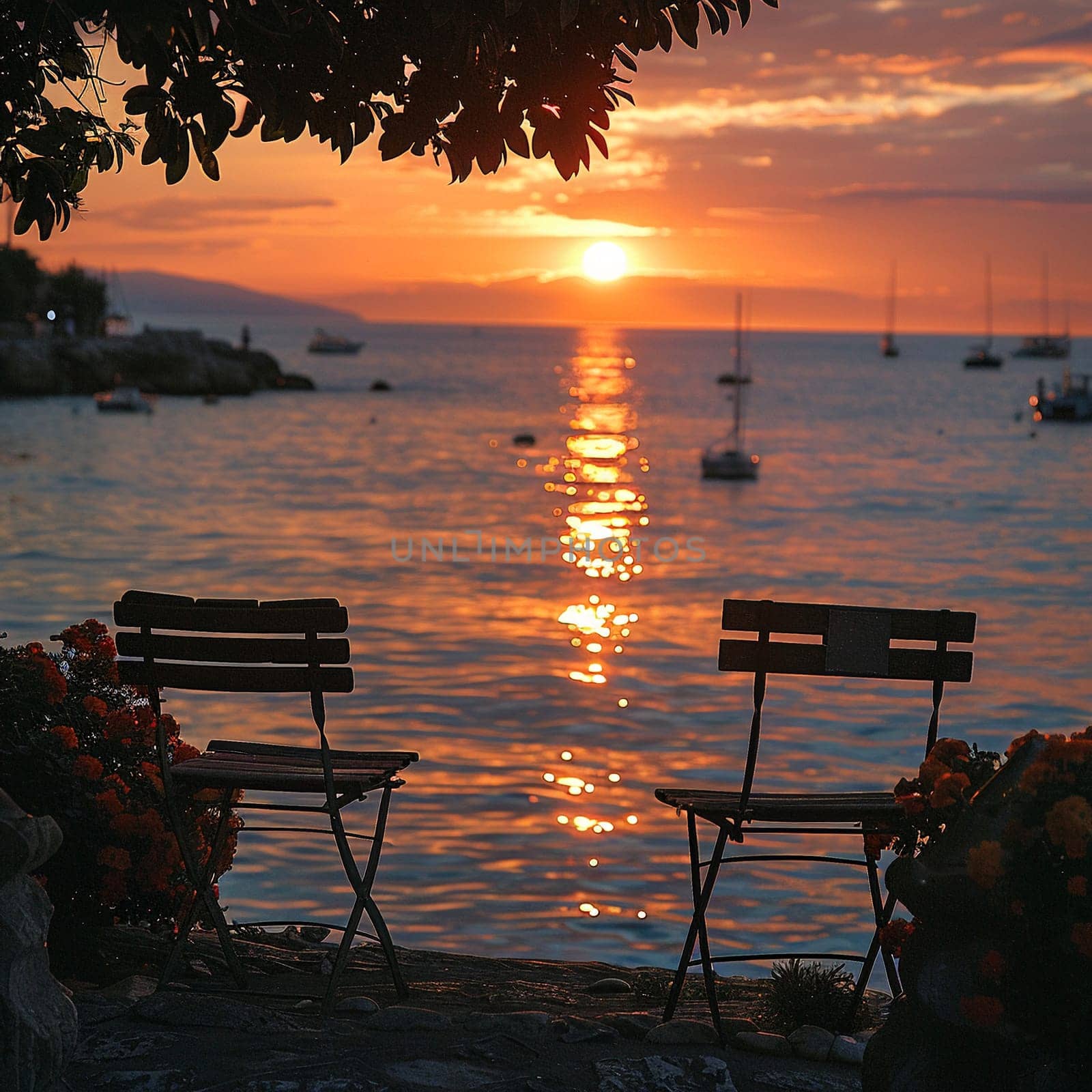 Pair of empty chairs facing sunset, subtle celebration of companionship on White Day.