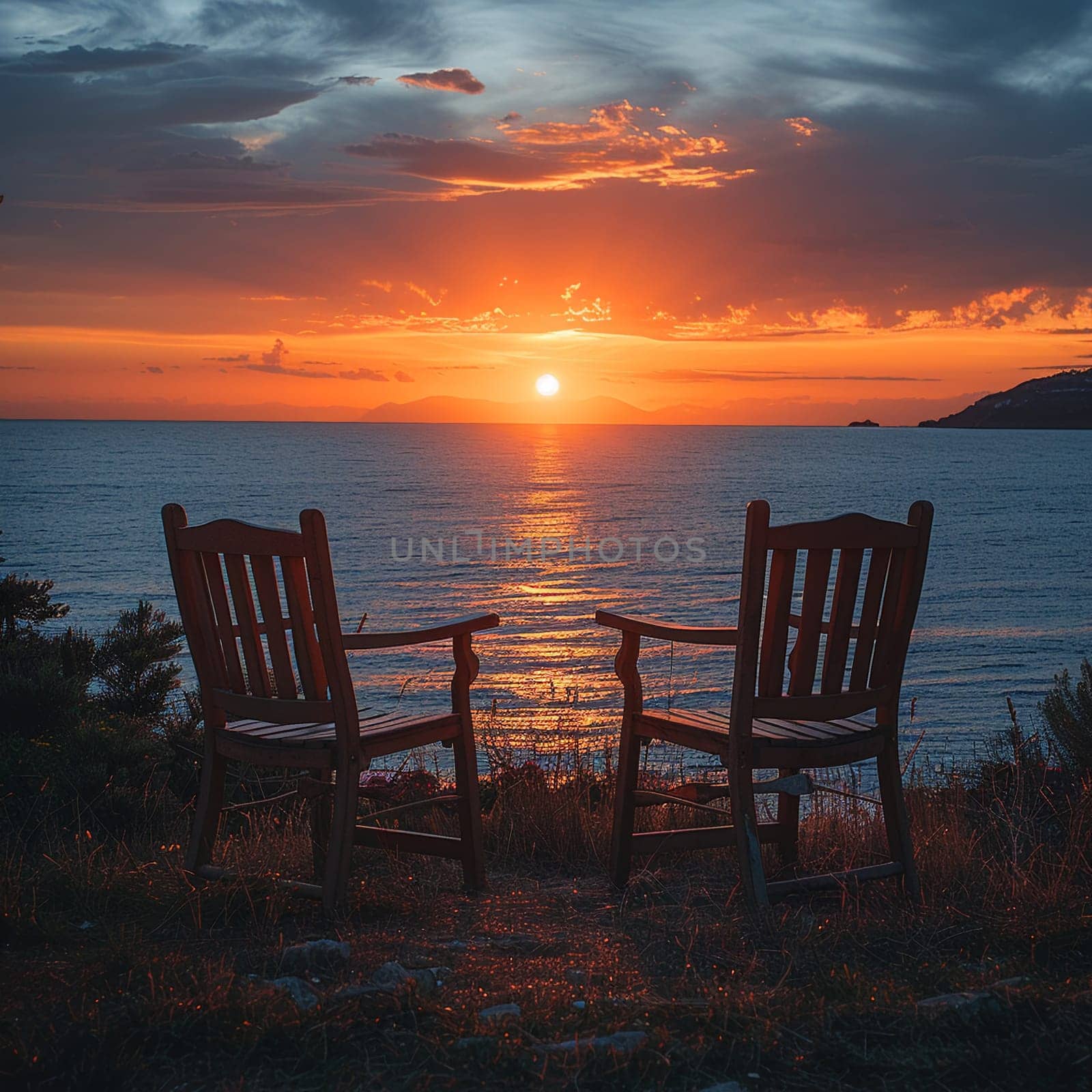 Pair of empty chairs facing sunset by Benzoix