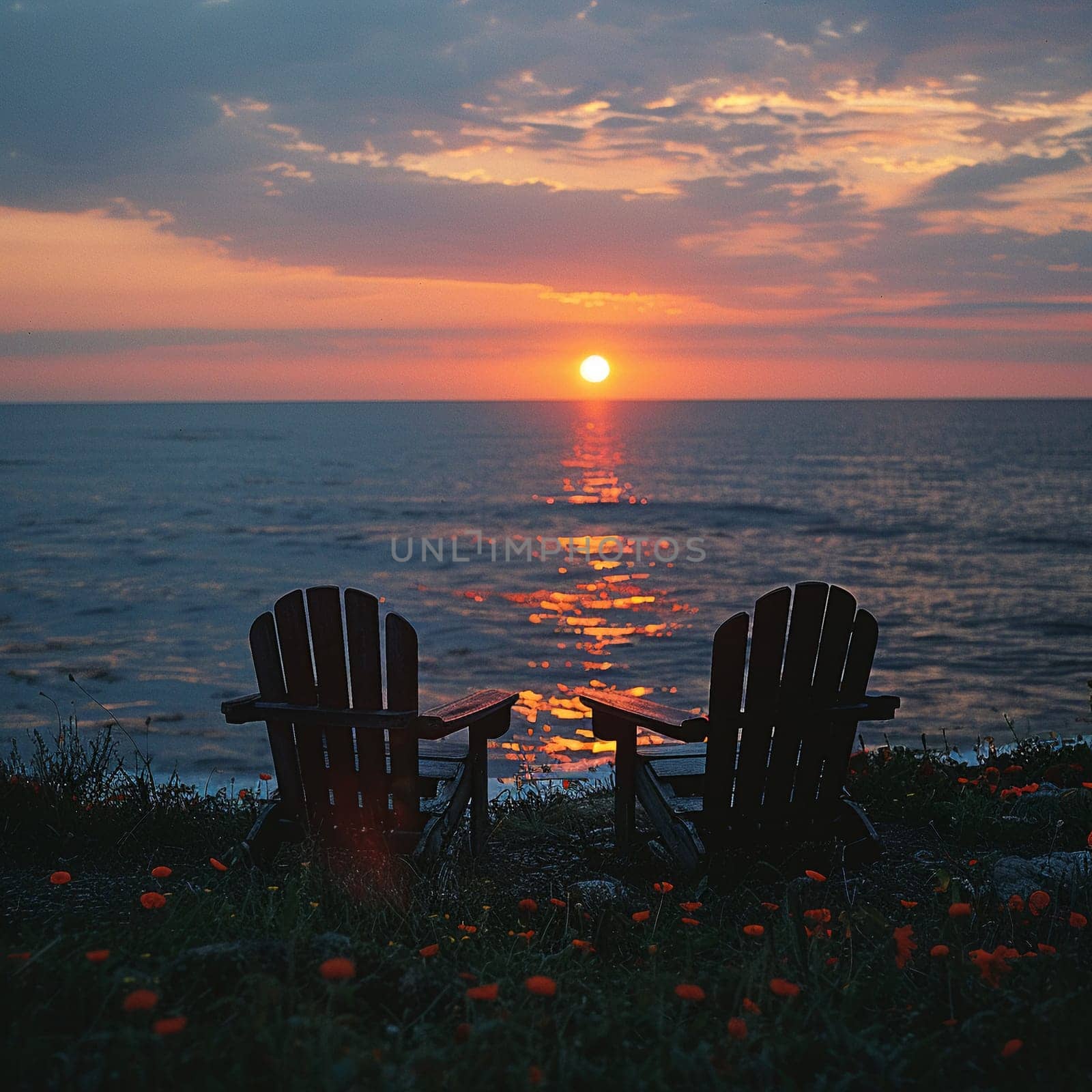 Pair of empty chairs facing sunset by Benzoix