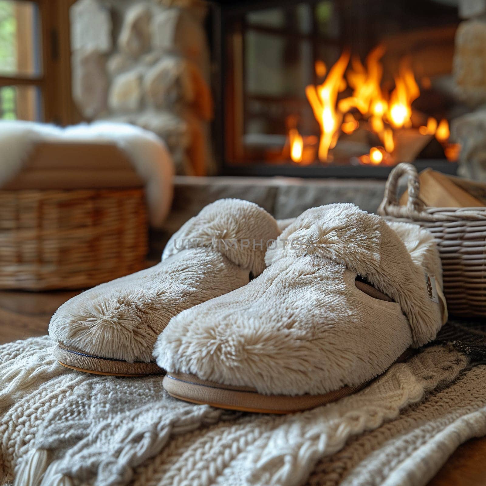 Pair of plush slippers beside cozy fireplace for World Sleep Day. by Benzoix