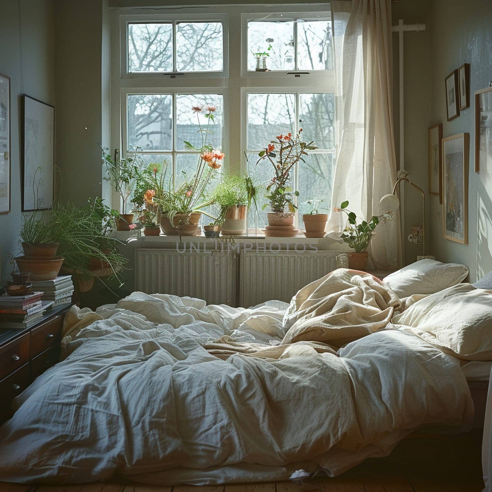 Peaceful bedroom with unmade bed and soft light for World Sleep Day. by Benzoix