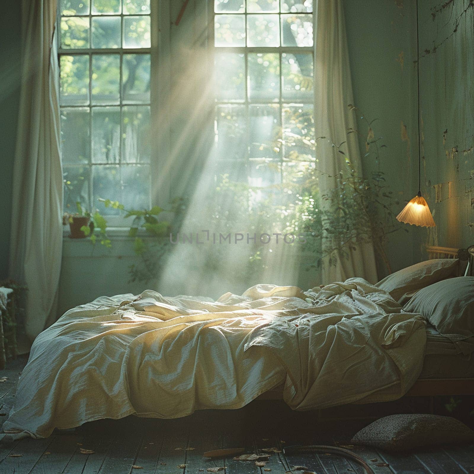 Peaceful bedroom with unmade bed and soft light for World Sleep Day. by Benzoix