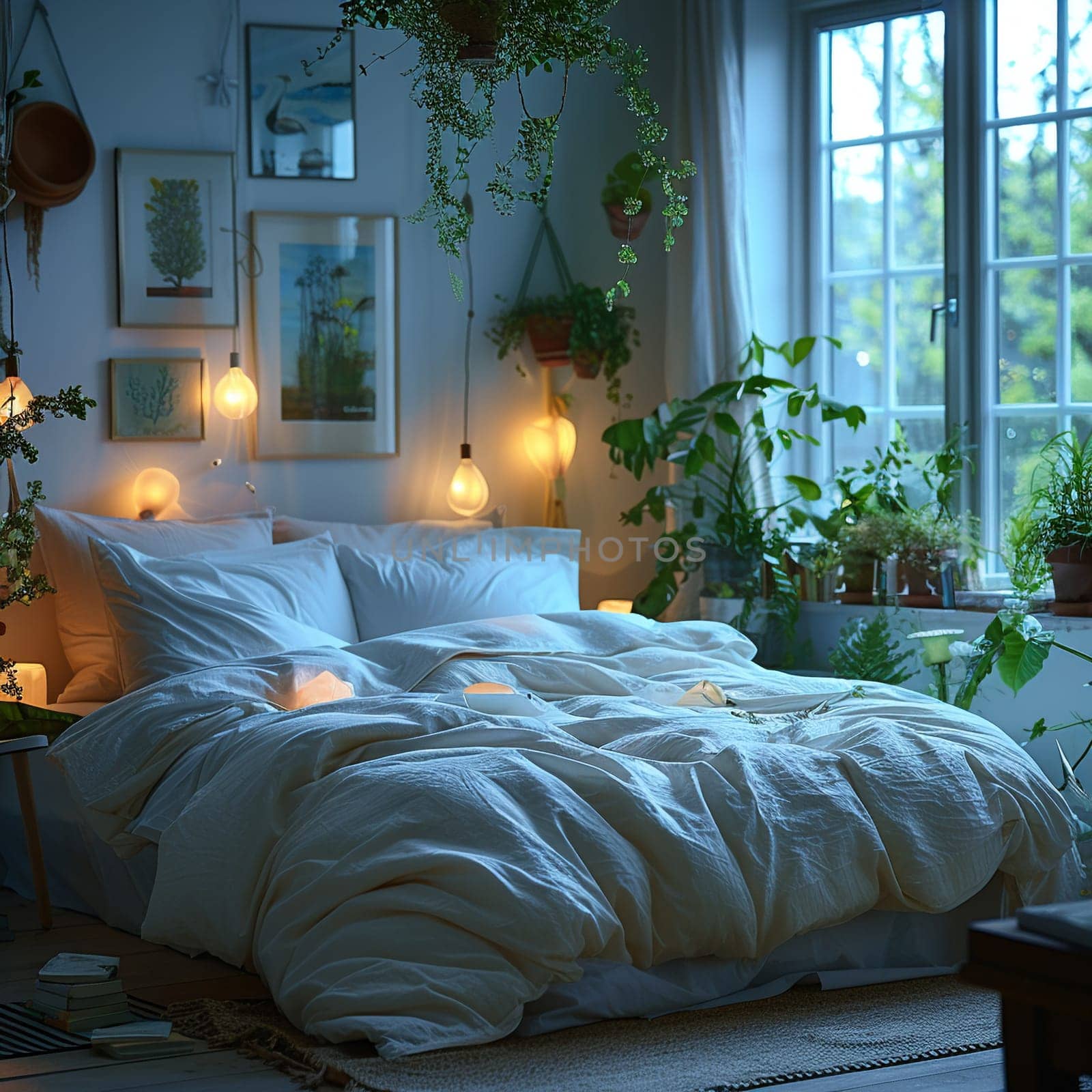 Peaceful bedroom with unmade bed and soft light for World Sleep Day. by Benzoix