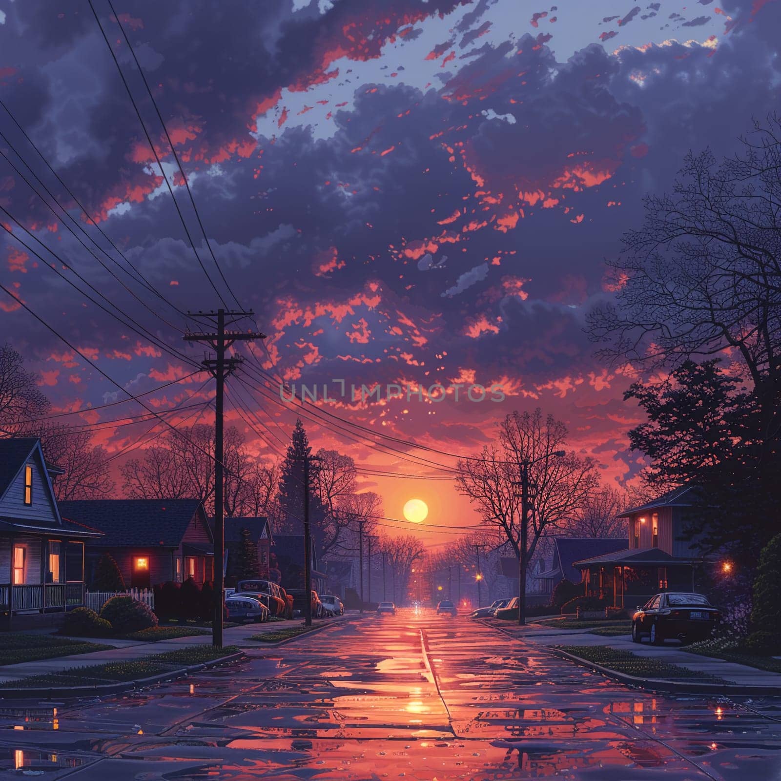 Picturesque depiction of quiet neighborhood street at dawn by Benzoix