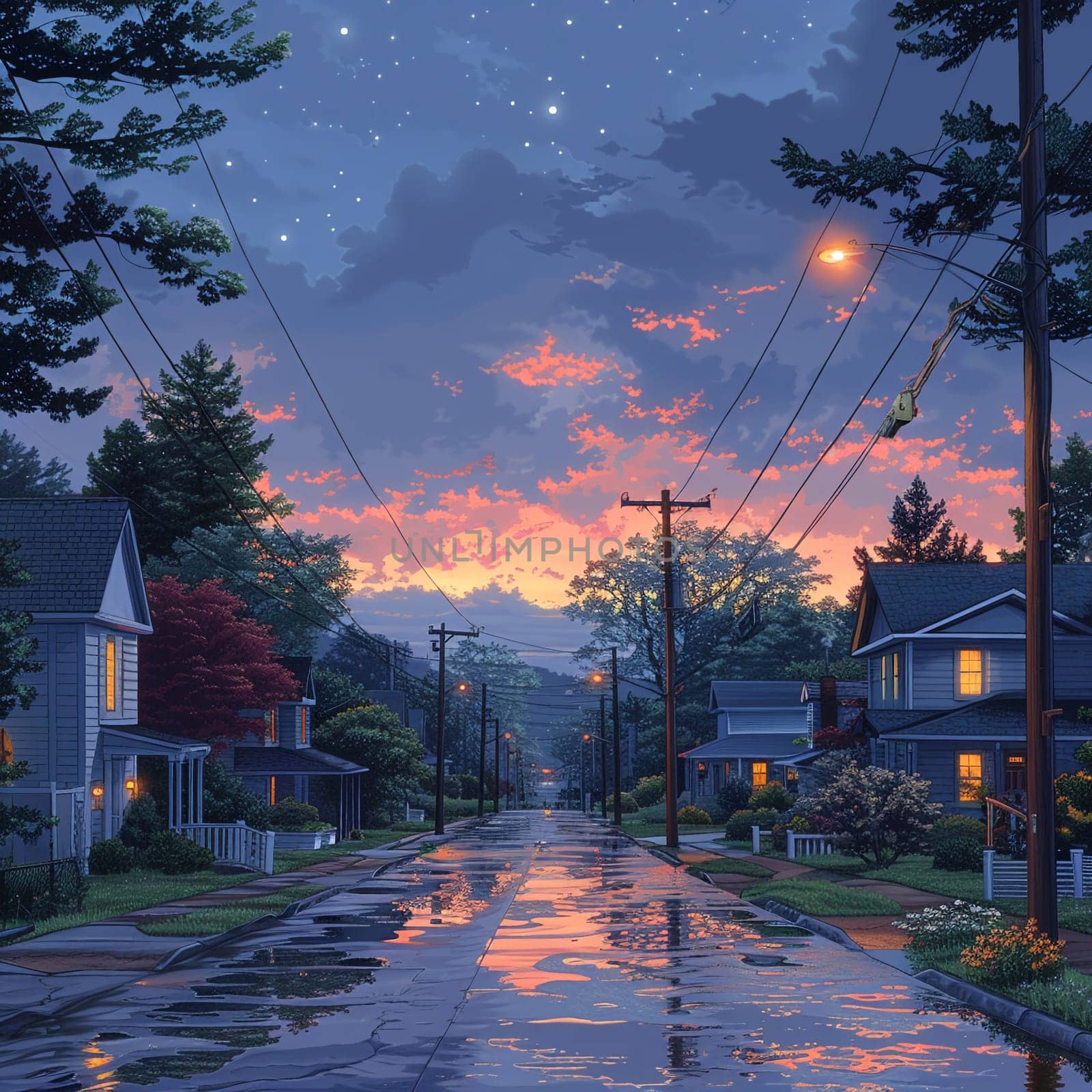 Picturesque depiction of quiet neighborhood street at dawn, symbolizing World Sleep Day.