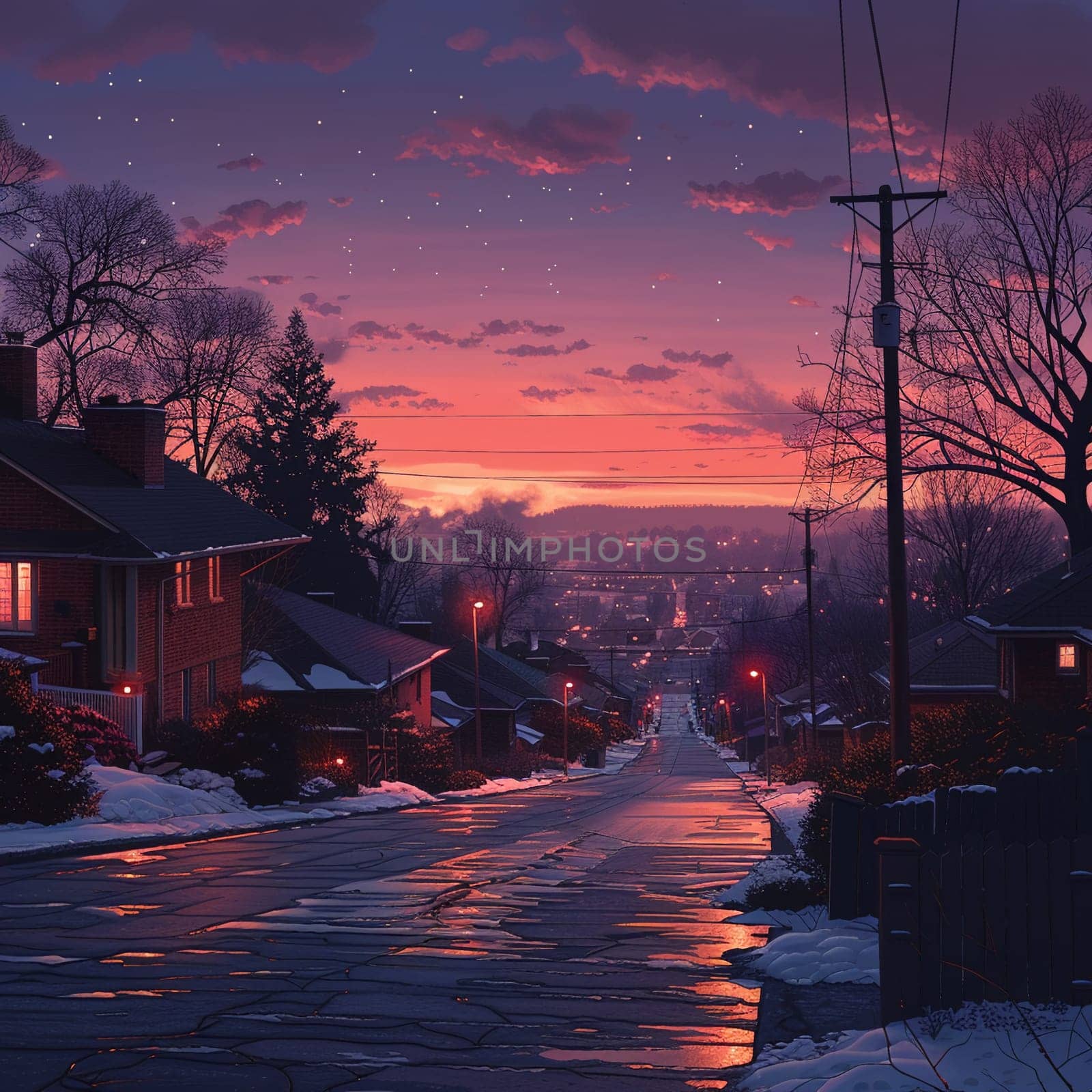 Picturesque depiction of quiet neighborhood street at dawn, symbolizing World Sleep Day.