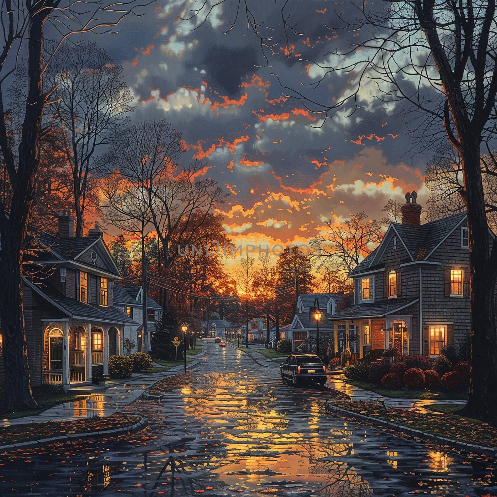 Picturesque depiction of quiet neighborhood street at dawn by Benzoix