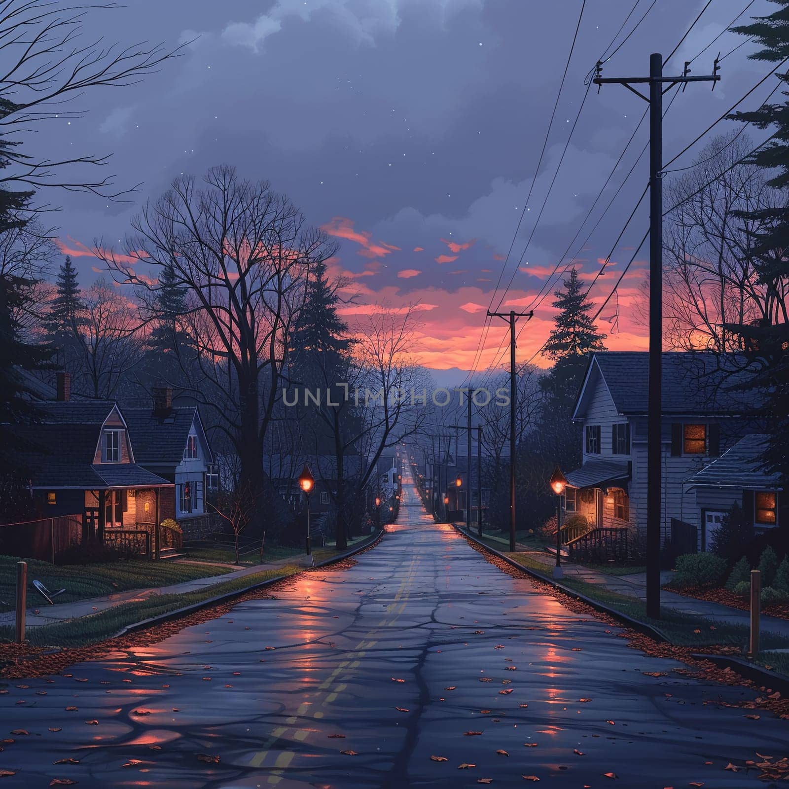 Picturesque depiction of quiet neighborhood street at dawn by Benzoix