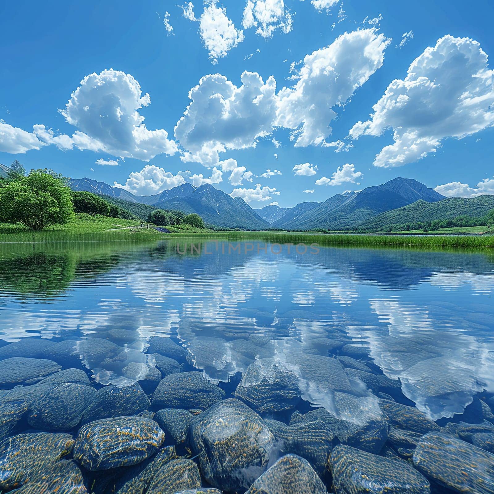 Picturesque lake reflecting clear blue sky on World Water Day.