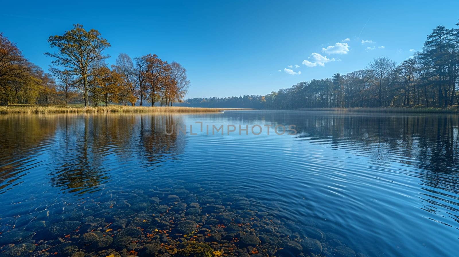 Picturesque lake reflecting clear blue sky on World Water Day.