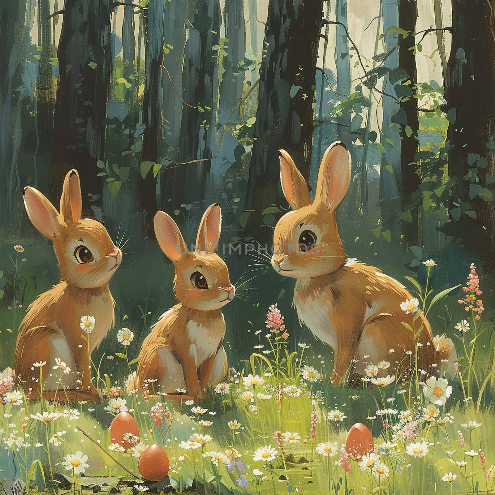 Playful animation cel of rabbits hiding Easter eggs in blooming spring forest. by Benzoix