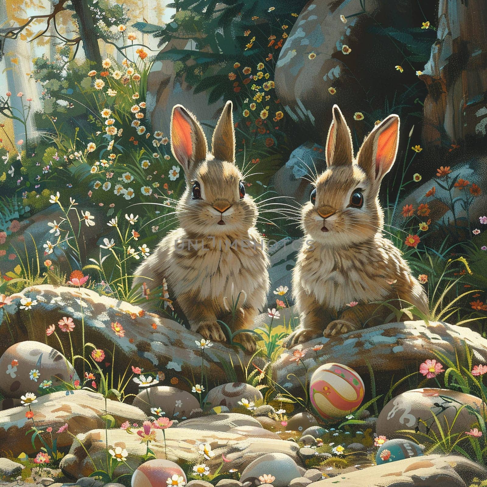 Playful animation cel of rabbits hiding Easter eggs in blooming spring forest. by Benzoix