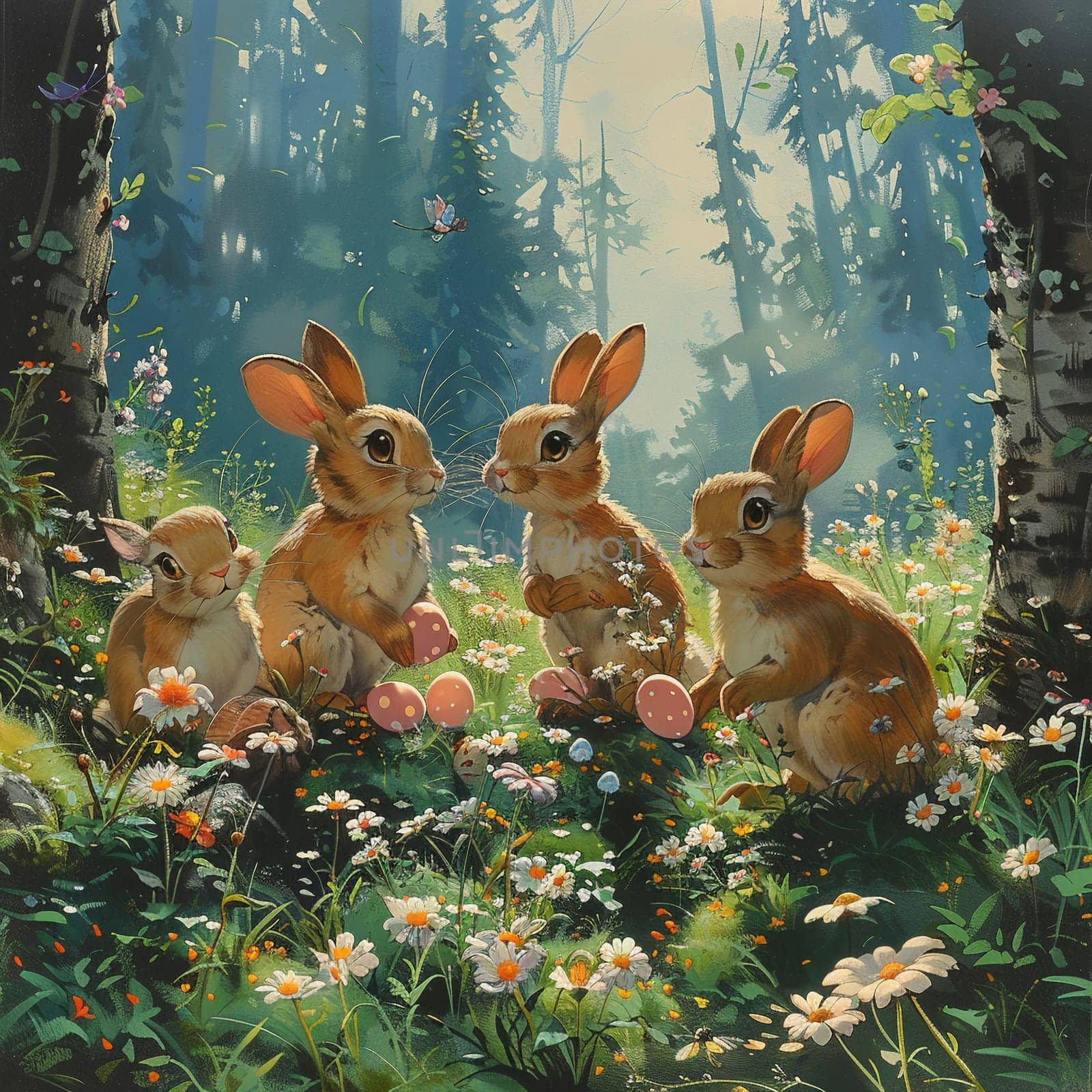 Playful animation cel of rabbits hiding Easter eggs in blooming spring forest. by Benzoix