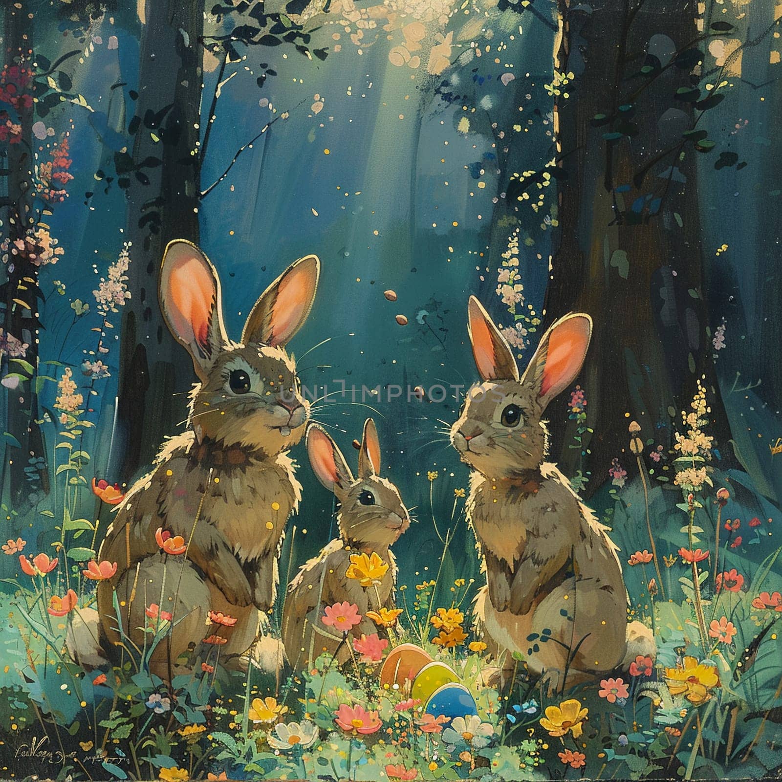 Playful animation cel of rabbits hiding Easter eggs in blooming spring forest. by Benzoix