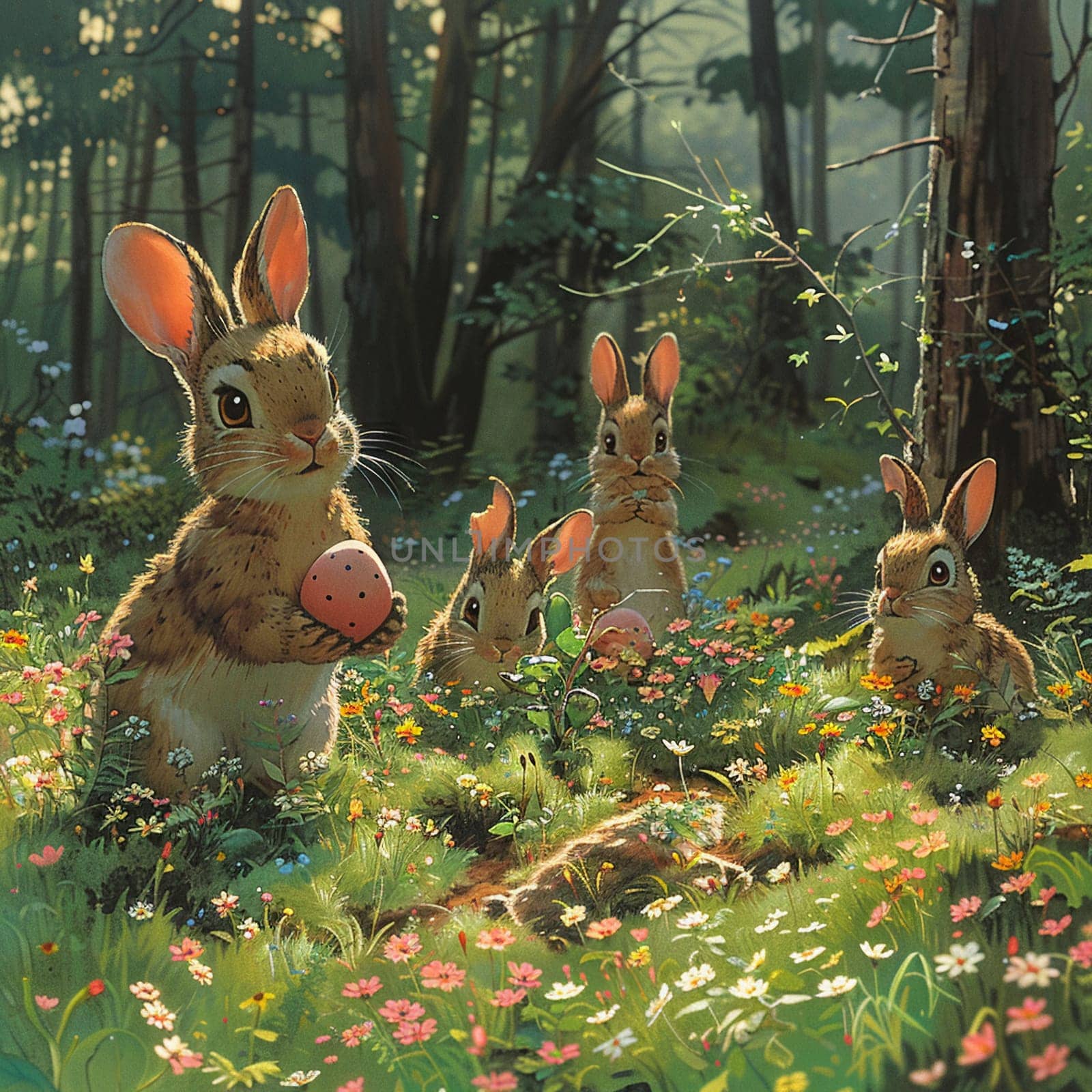 Playful animation cel of rabbits hiding Easter eggs in blooming spring forest.