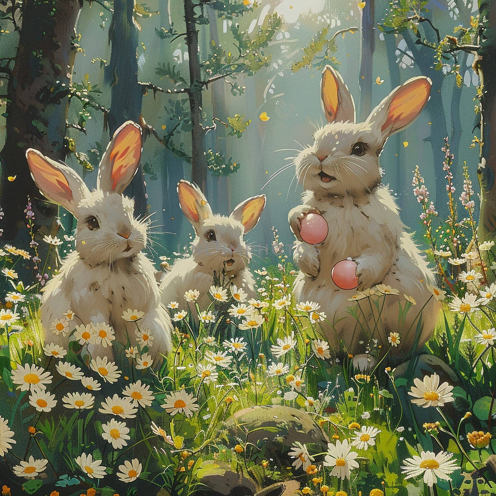 Playful animation cel of rabbits hiding Easter eggs in blooming spring forest.