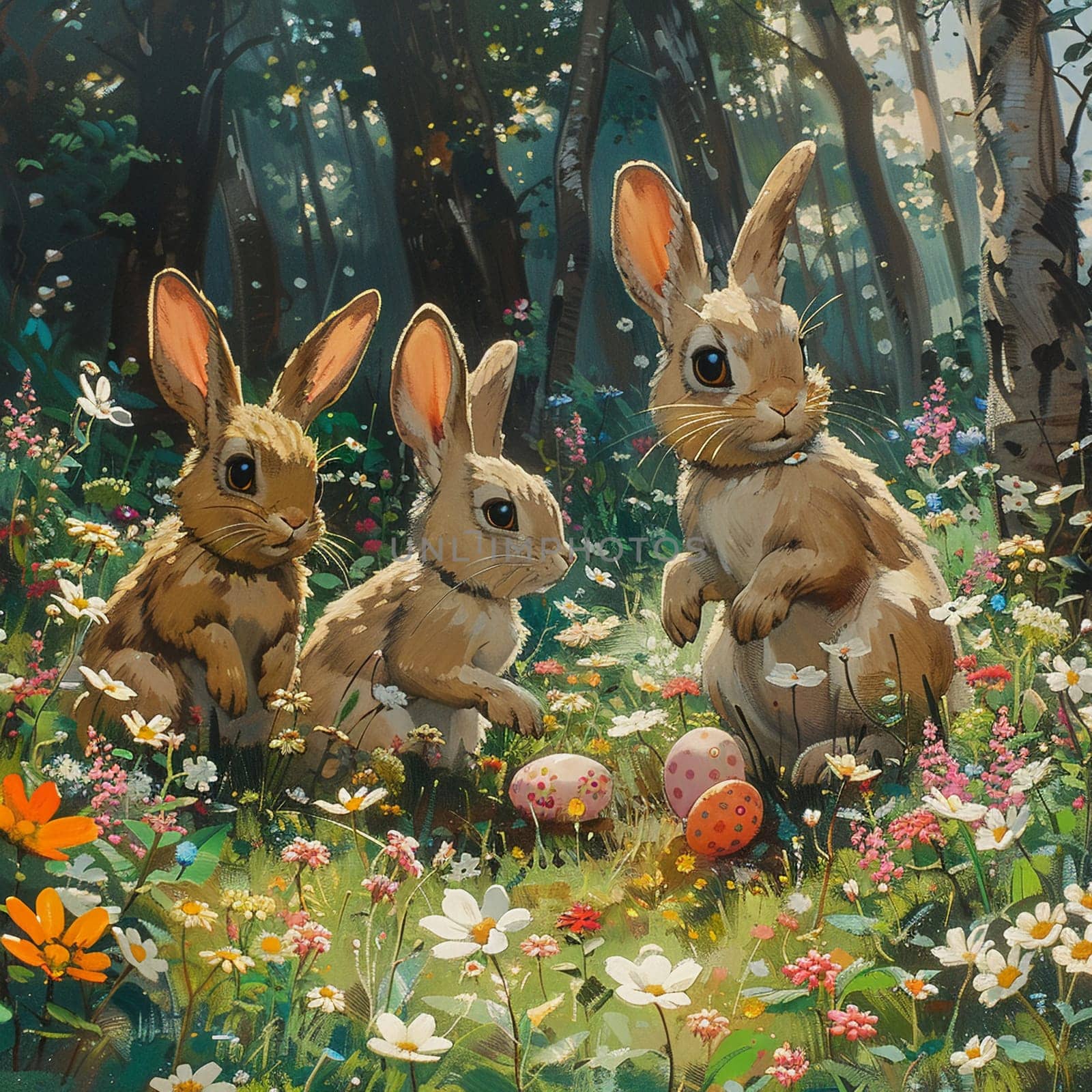 Playful animation cel of rabbits hiding Easter eggs in blooming spring forest. by Benzoix