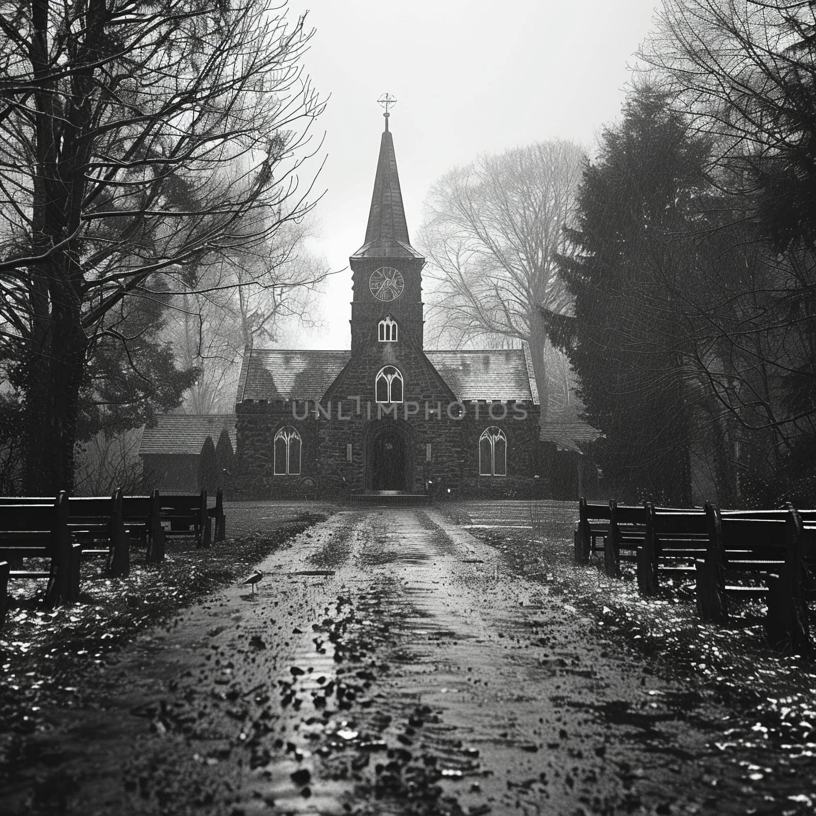 Poignant black and white photograph of quiet chapel on Good Friday.