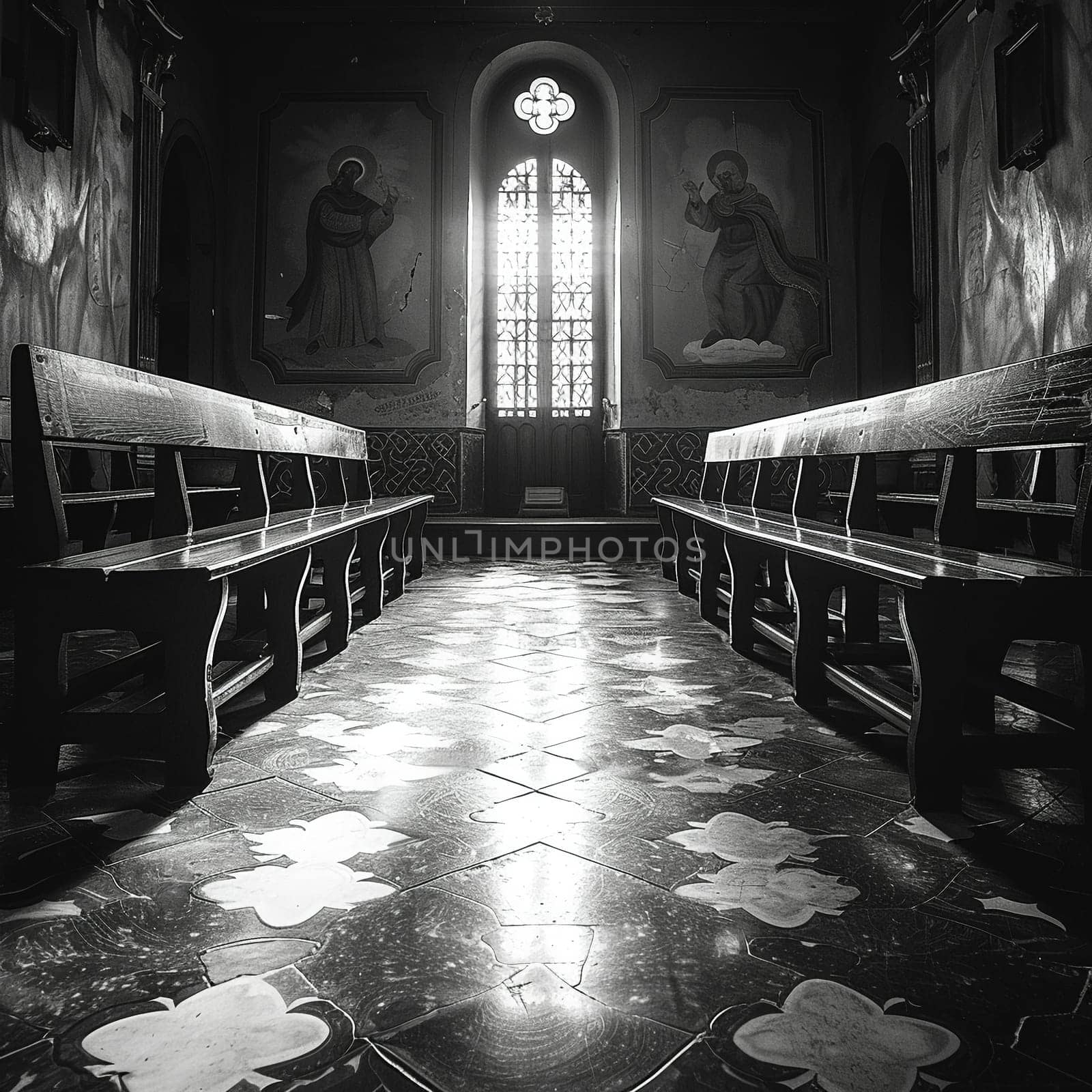 Poignant black and white photograph of quiet chapel on Good Friday. by Benzoix