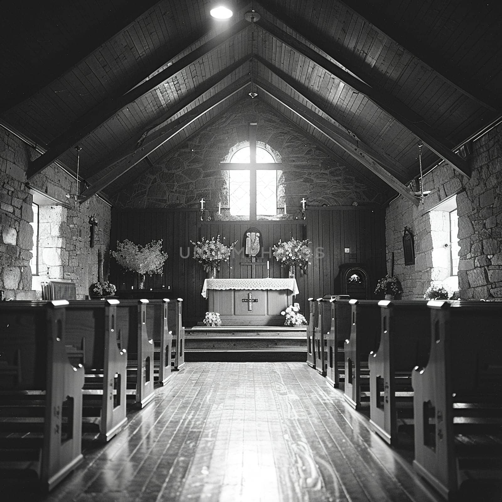 Poignant black and white photograph of quiet chapel on Good Friday. by Benzoix