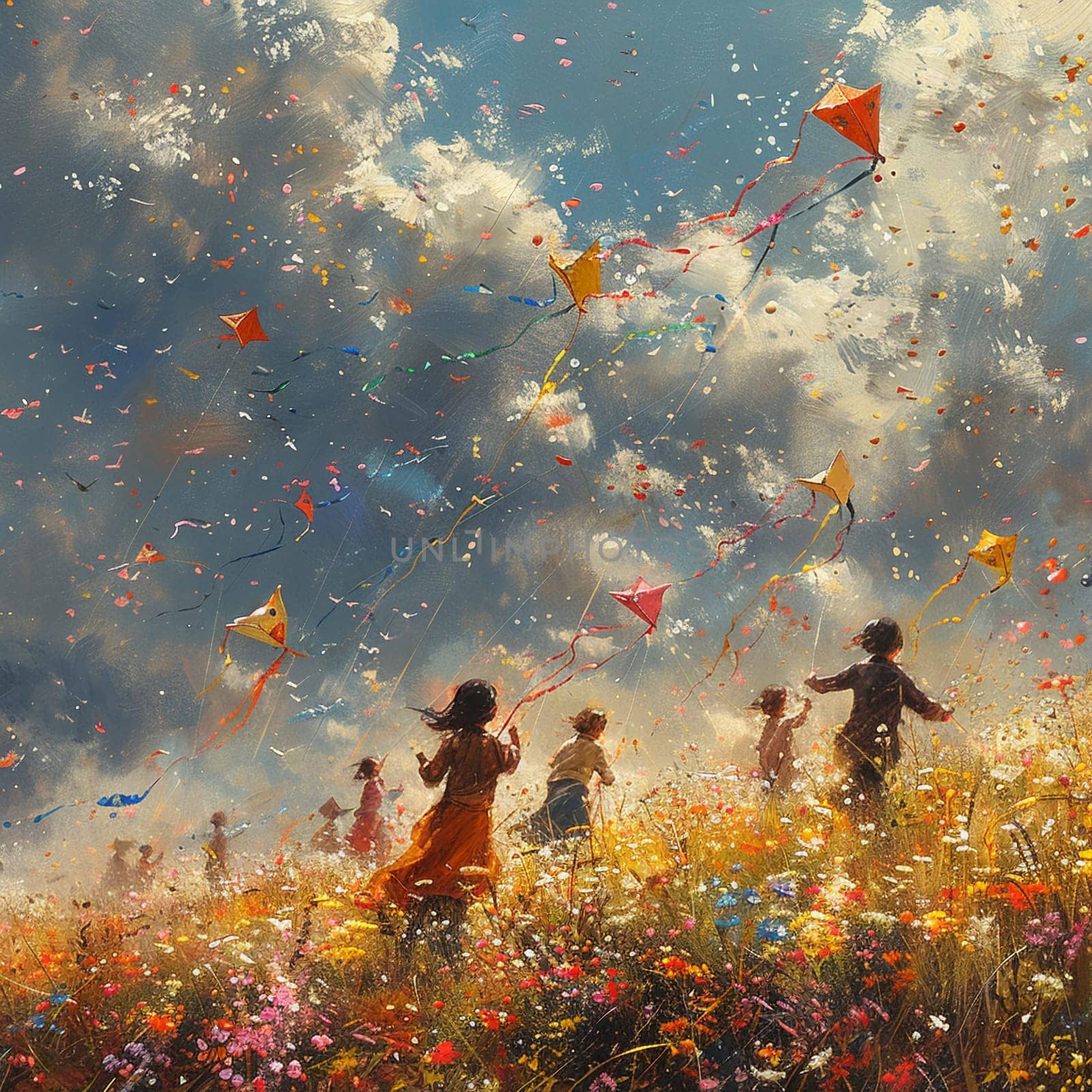 Scene of children flying kites in field of blooming flowers for Pakistani Spring Festival.