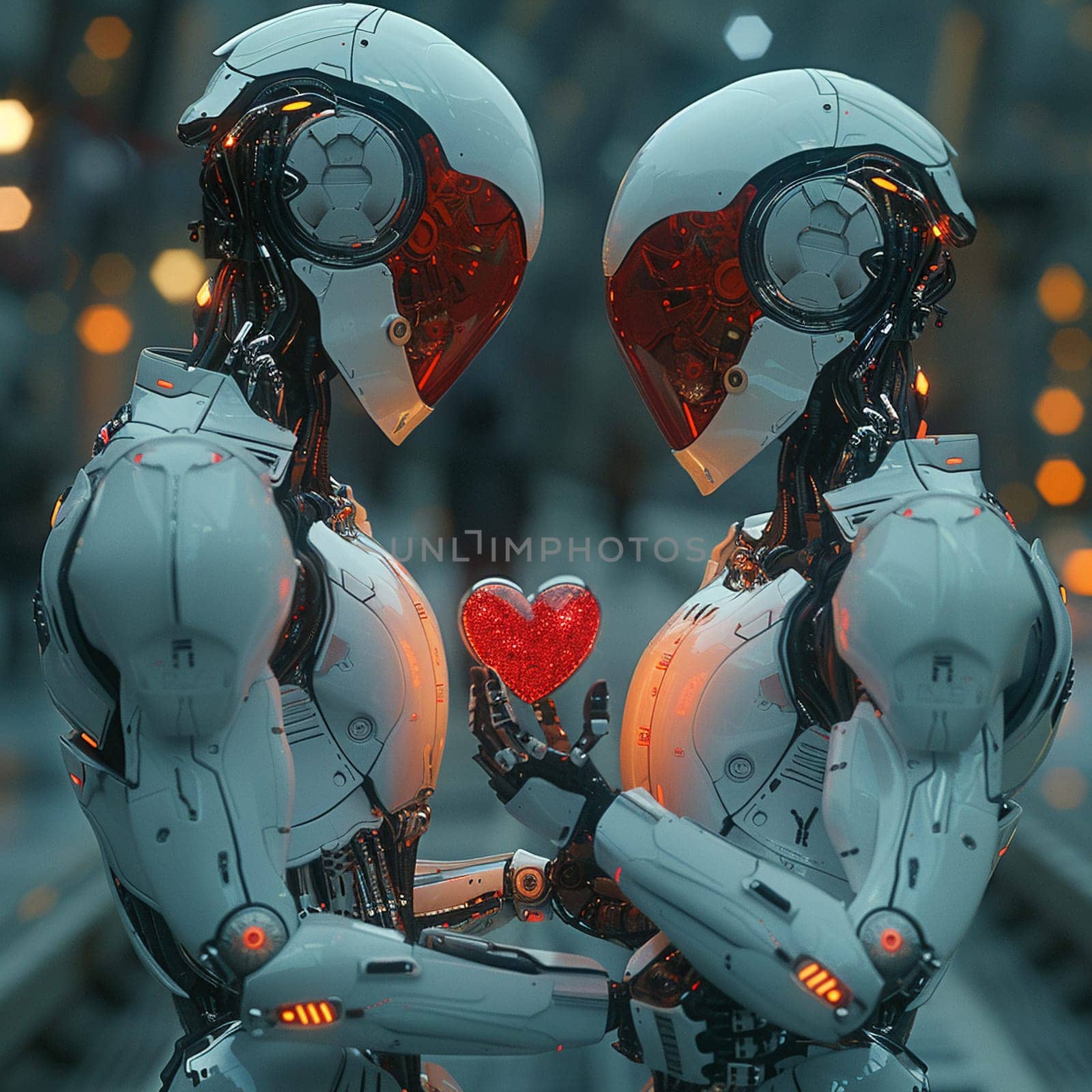 Sci-fi interpretation of White Day celebration with androids exchanging heart-shaped metallic tokens.