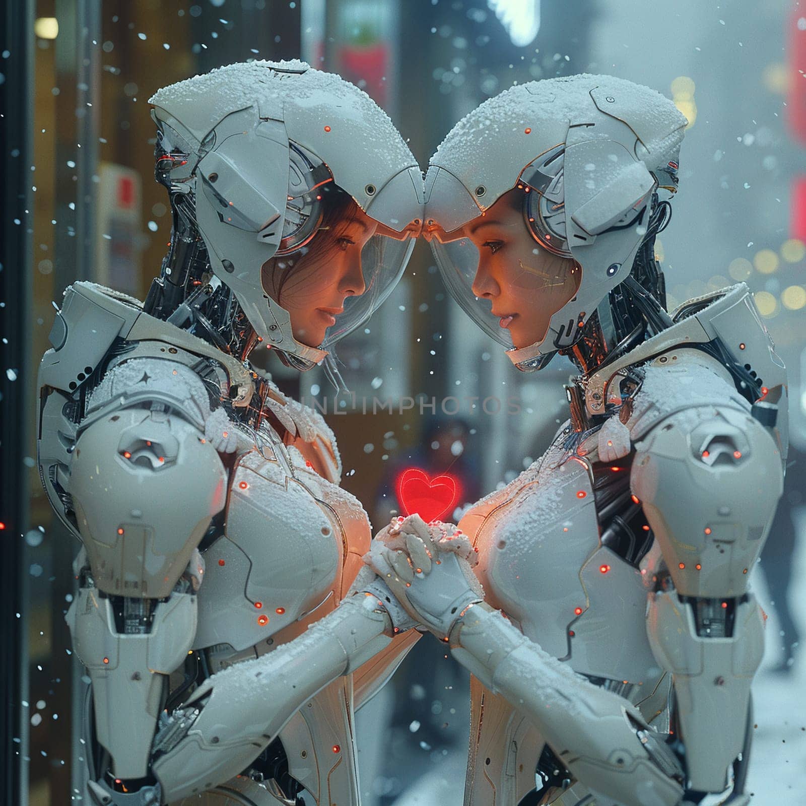 Sci-fi interpretation of White Day celebration with androids exchanging heart-shaped metallic tokens.