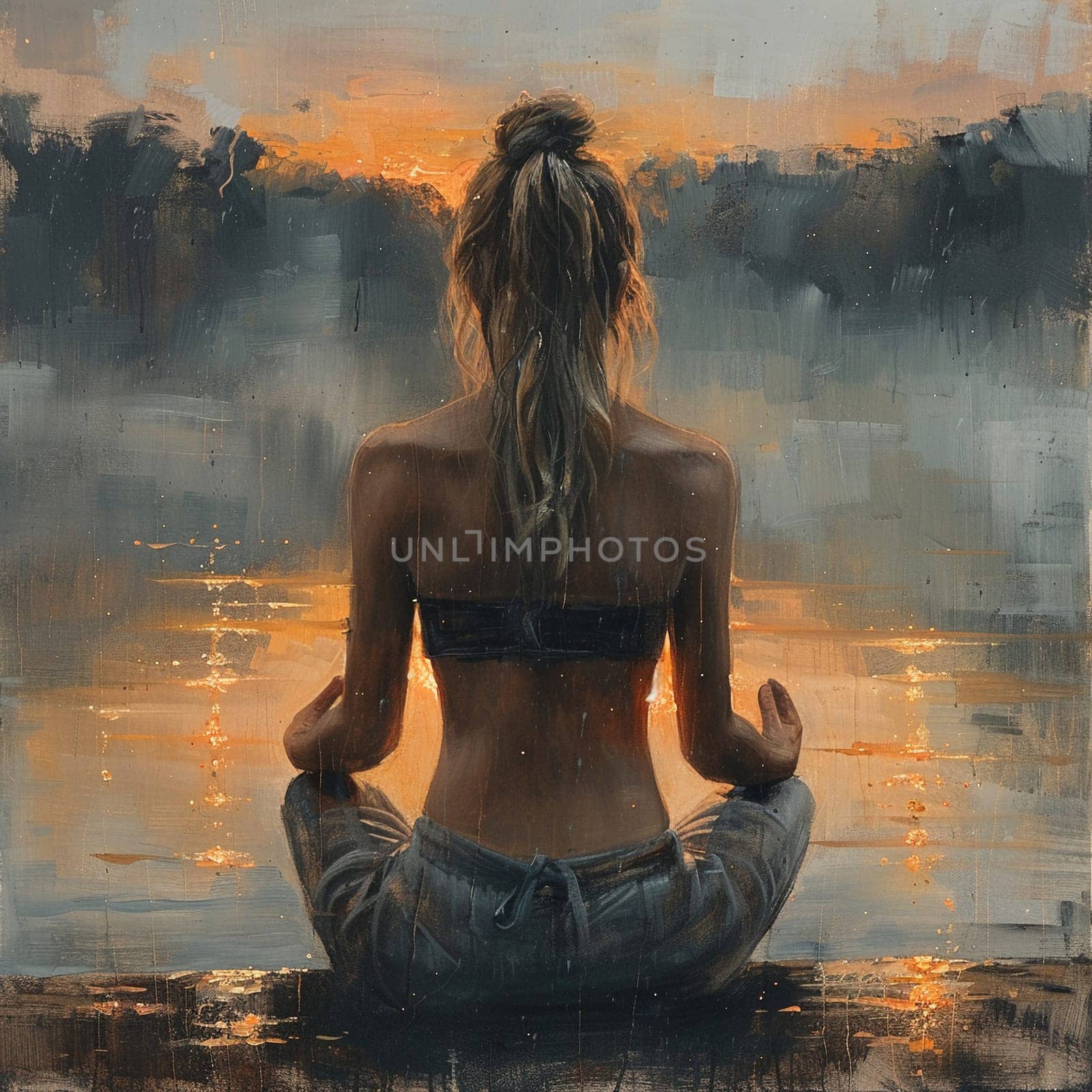 Serene painting of woman practicing yoga by lake at dawn, celebrating Women's Day.