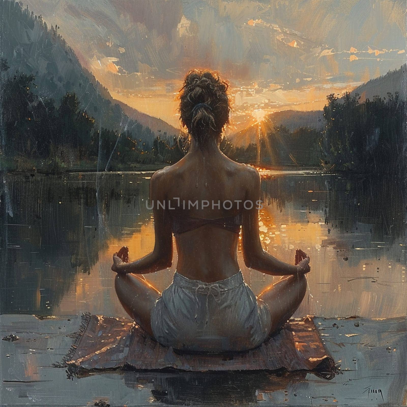 Serene painting of woman practicing yoga by lake at dawn by Benzoix