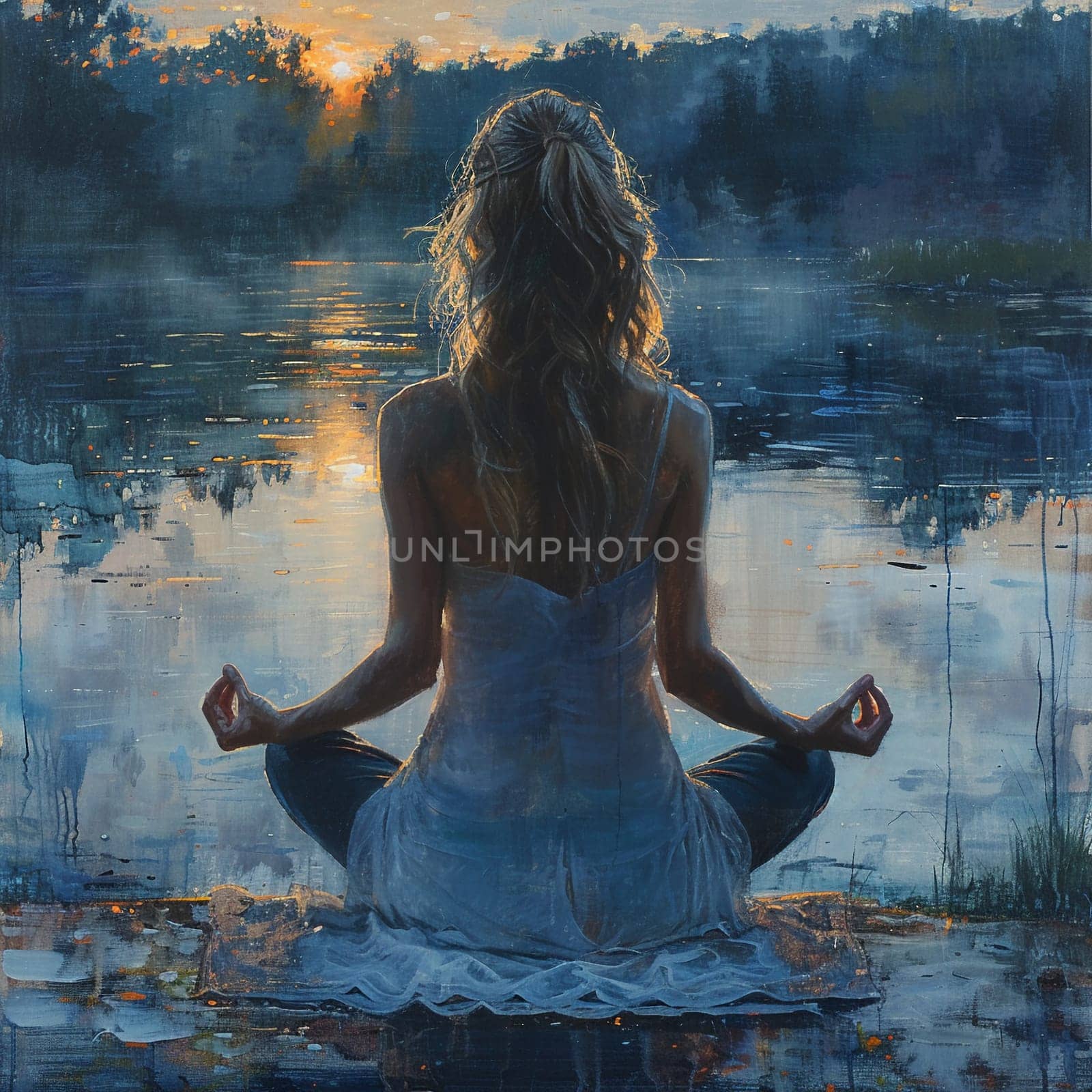 Serene painting of woman practicing yoga by lake at dawn by Benzoix