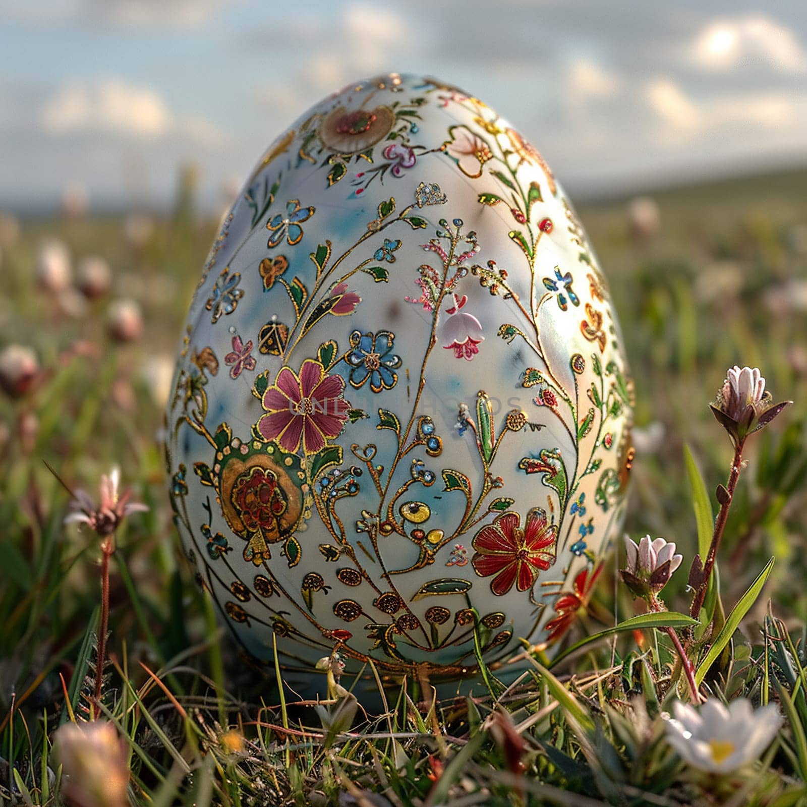 Single, intricately decorated Easter egg on bed of spring grass.