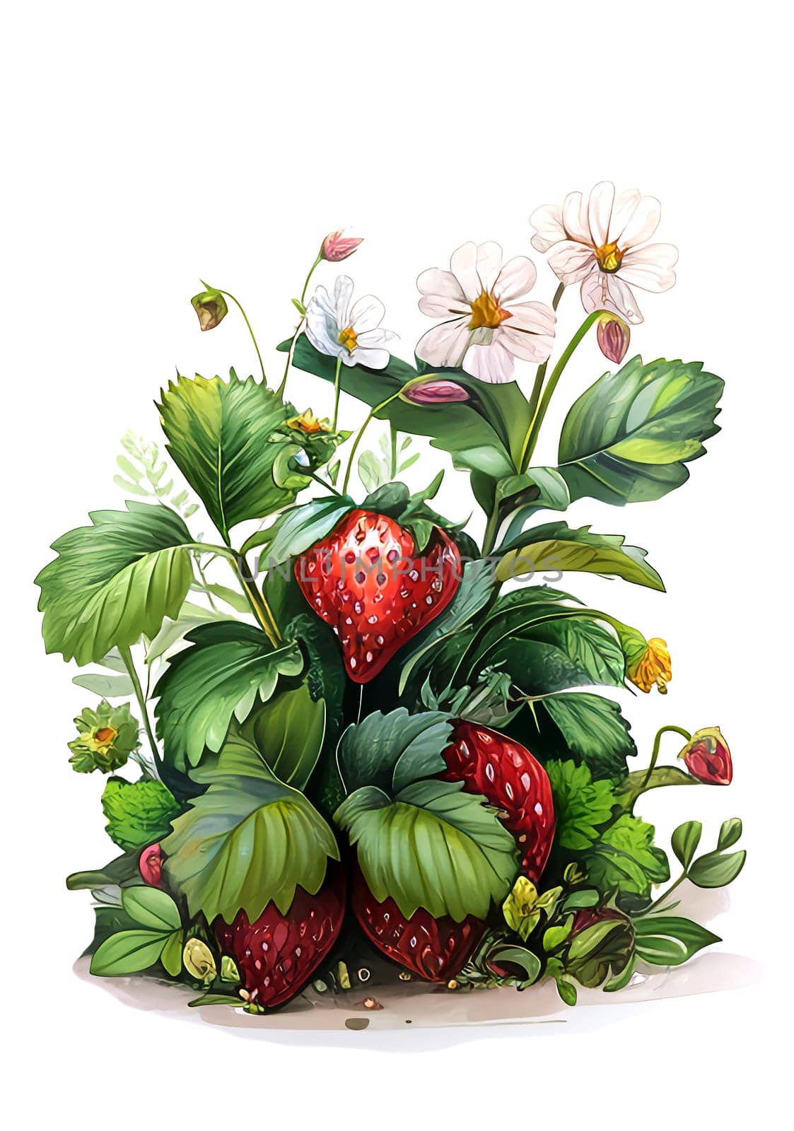 Strawberry clipart. Berries with leaves and flower clipart. AI generated. by AndreyKENO