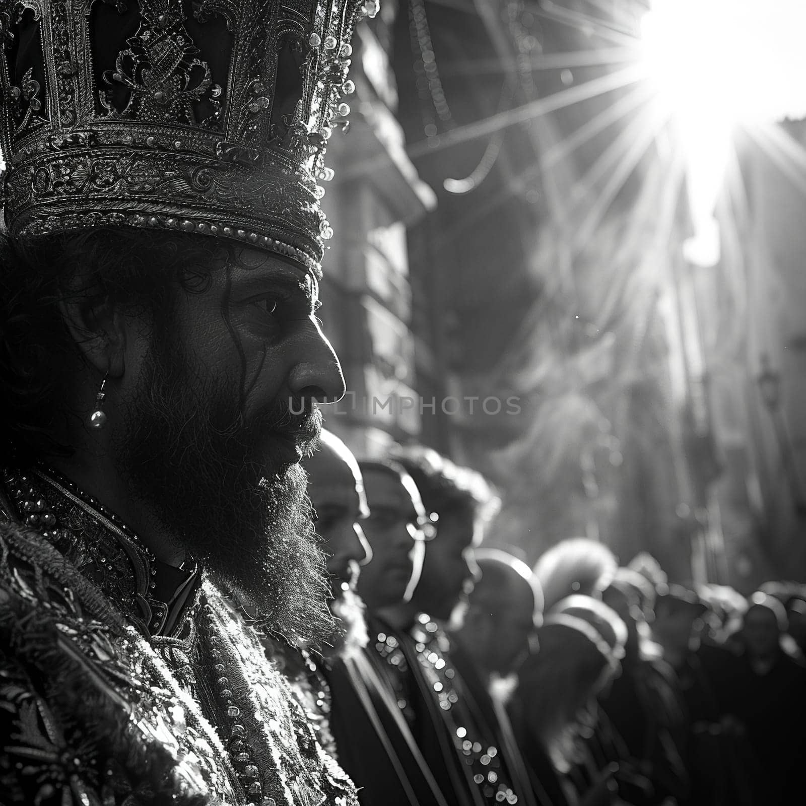 Street photographers black-and-white capture of solemn Good Friday procession in old city. by Benzoix