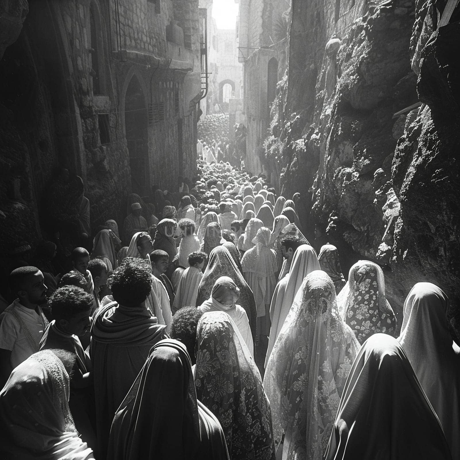 Street photographers black-and-white capture of solemn Good Friday procession in old city. by Benzoix