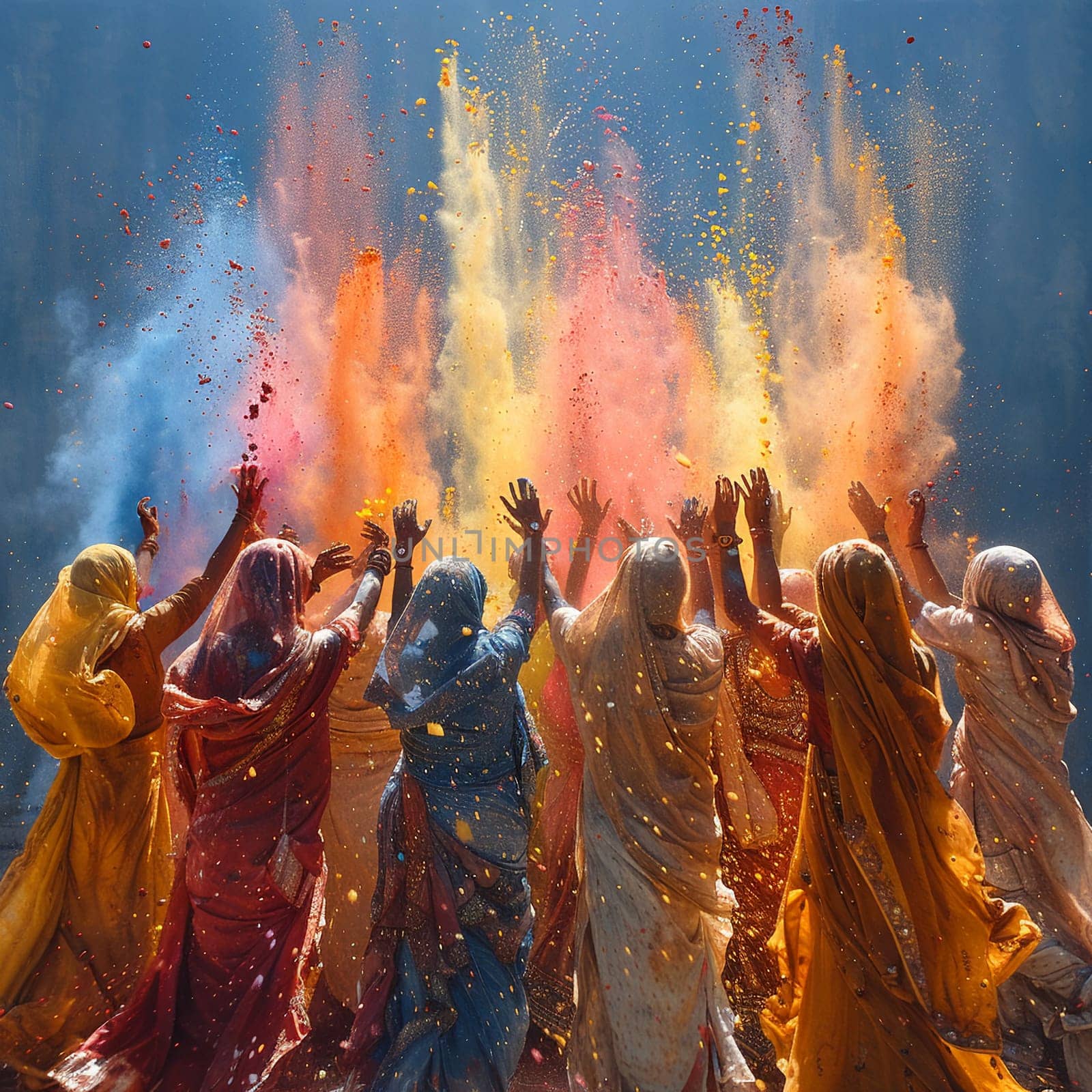 Surreal depiction of people in diverse traditional costumes, joyously throwing colored powder for Holi.