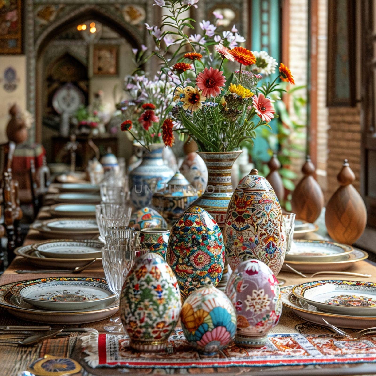 Traditional Nowruz table setting complete with painted eggs and mirror by Benzoix