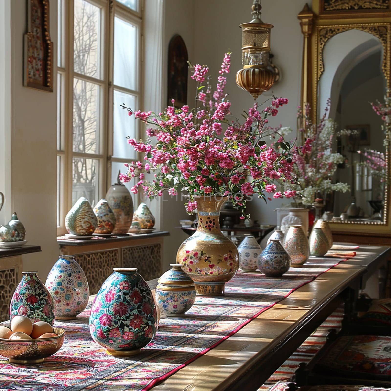 Traditional Nowruz table setting, complete with painted eggs and mirror, without celebrants.