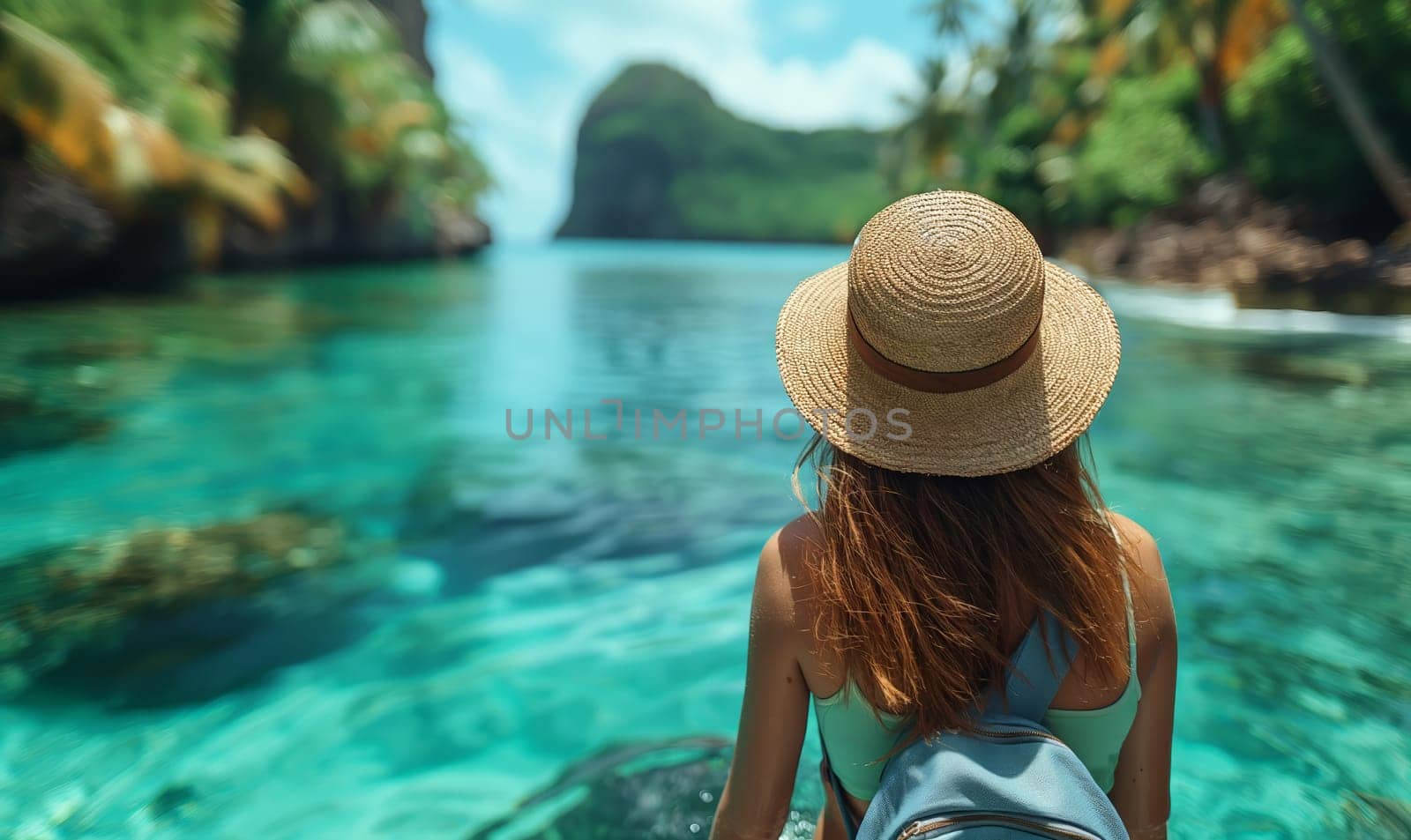 Girl traveler with a backpack on a tropical beach. Selective focus.