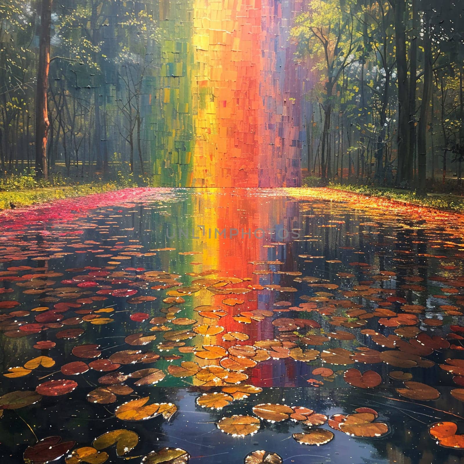 Tranquil pond reflecting rainbow by Benzoix