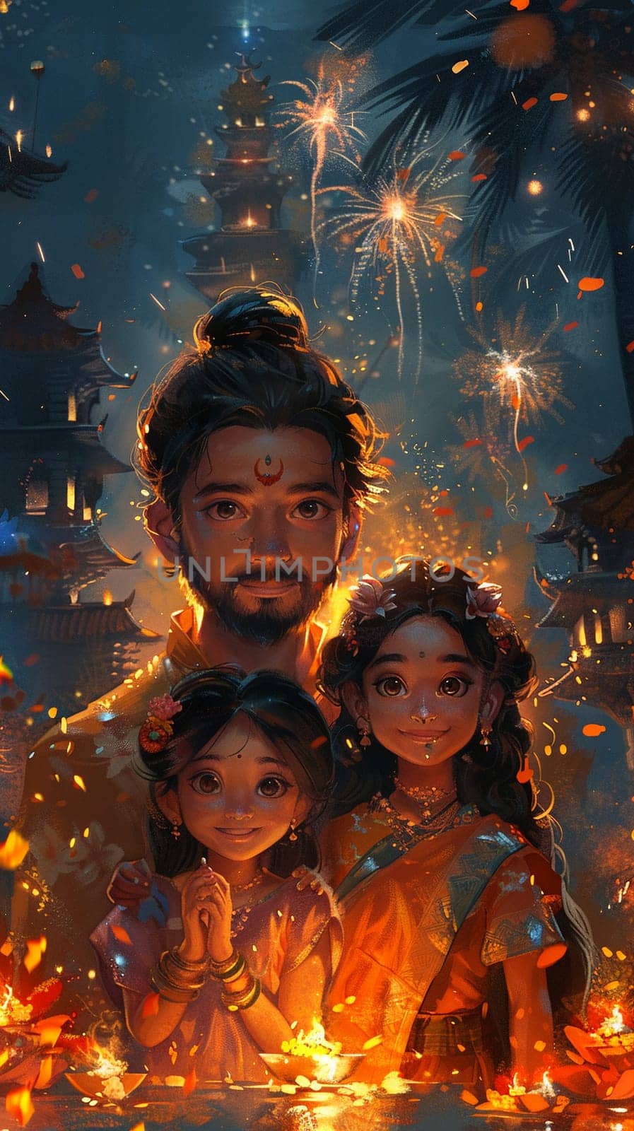 Vibrant digital art piece of families enjoying Gudi Padwa festivities by Benzoix