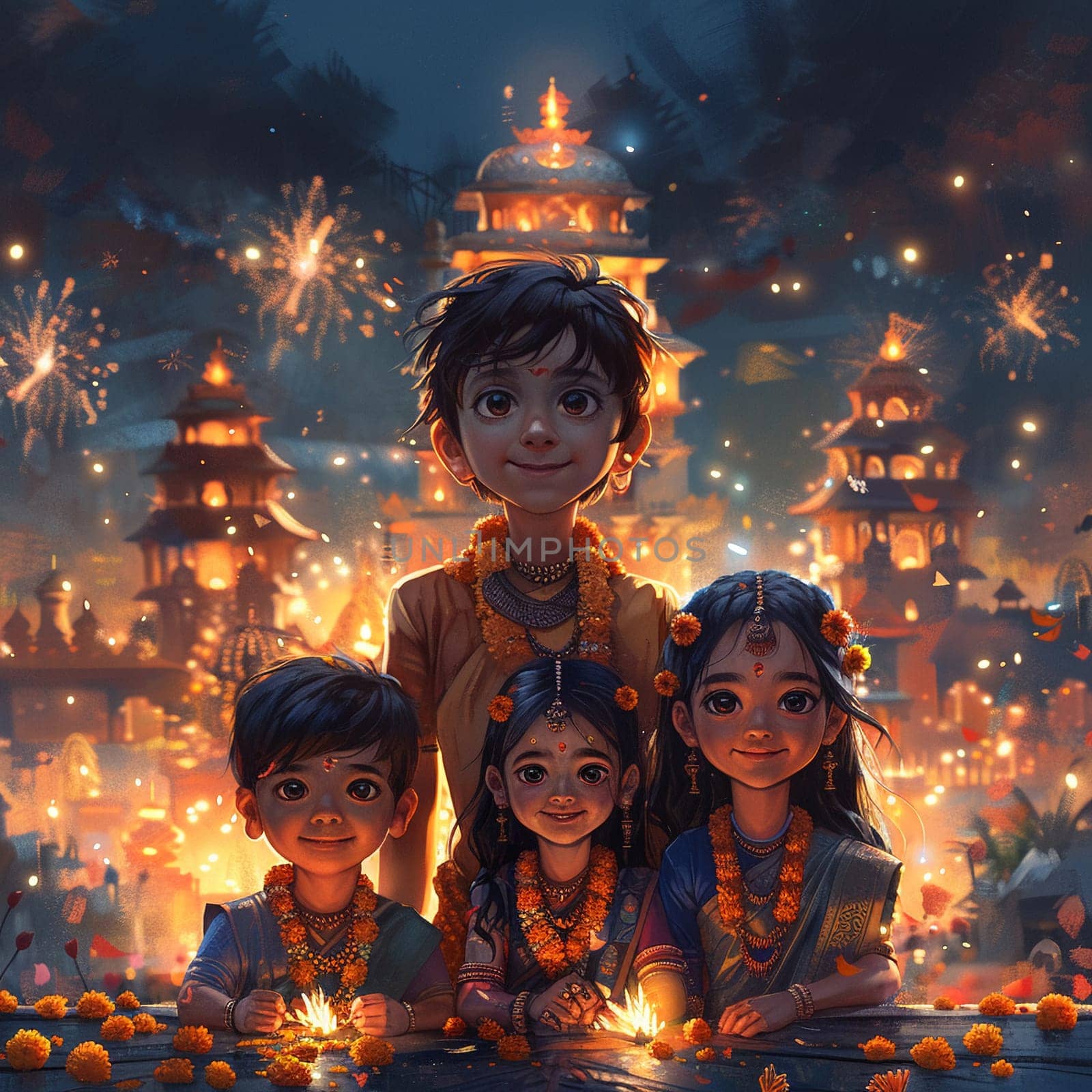 Vibrant digital art piece of families enjoying Gudi Padwa festivities, with fireworks and traditional decorations.