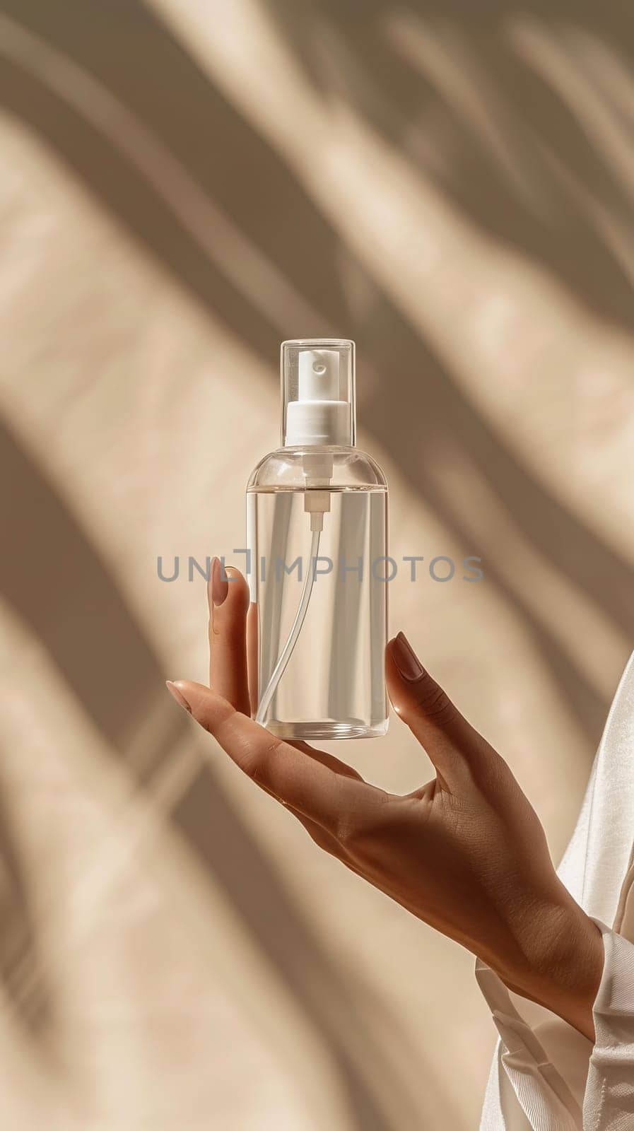 A person is holding a bottle of lotion in their hand. The bottle is made of clear plastic and is filled with a clear liquid