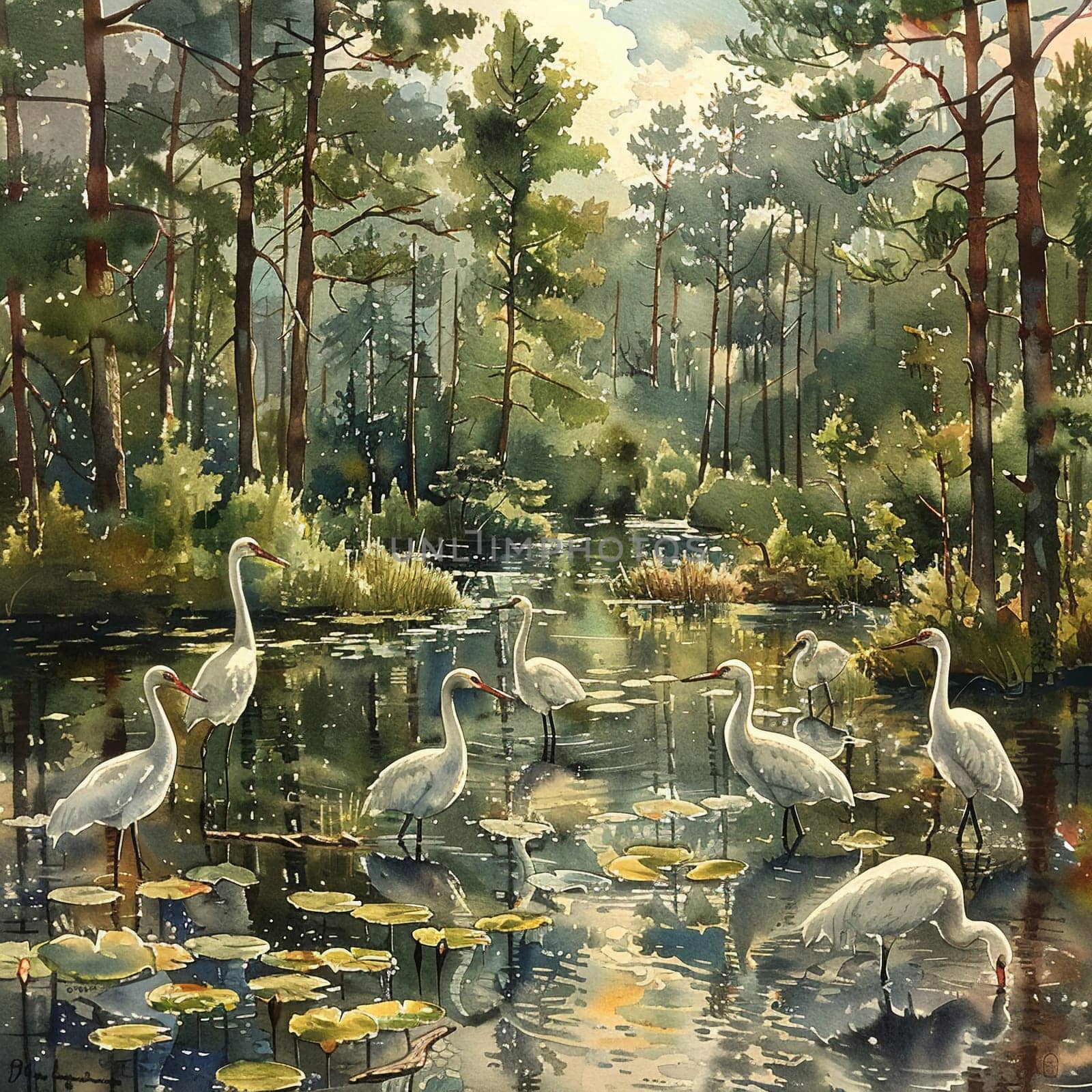 Watercolor painting of serene pond with wildlife gathering to drink, symbolizing World Wildlife Day.