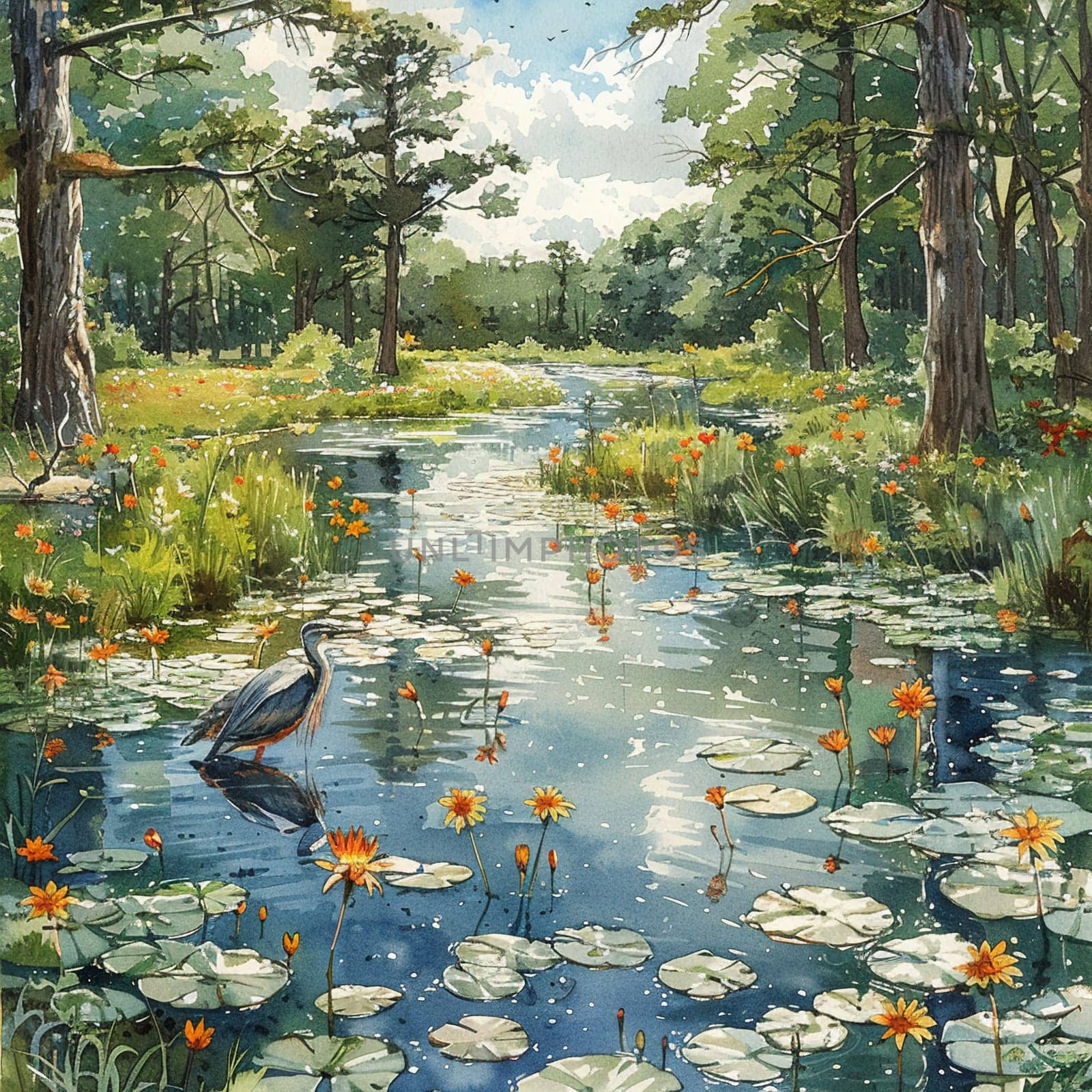 Watercolor painting of serene pond with wildlife gathering to drink by Benzoix