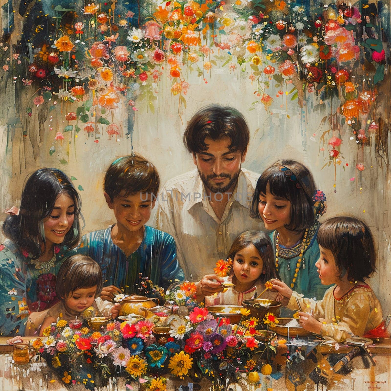 Whimsical drawing of family preparing Nowruz feast with colorful spring flowers. by Benzoix