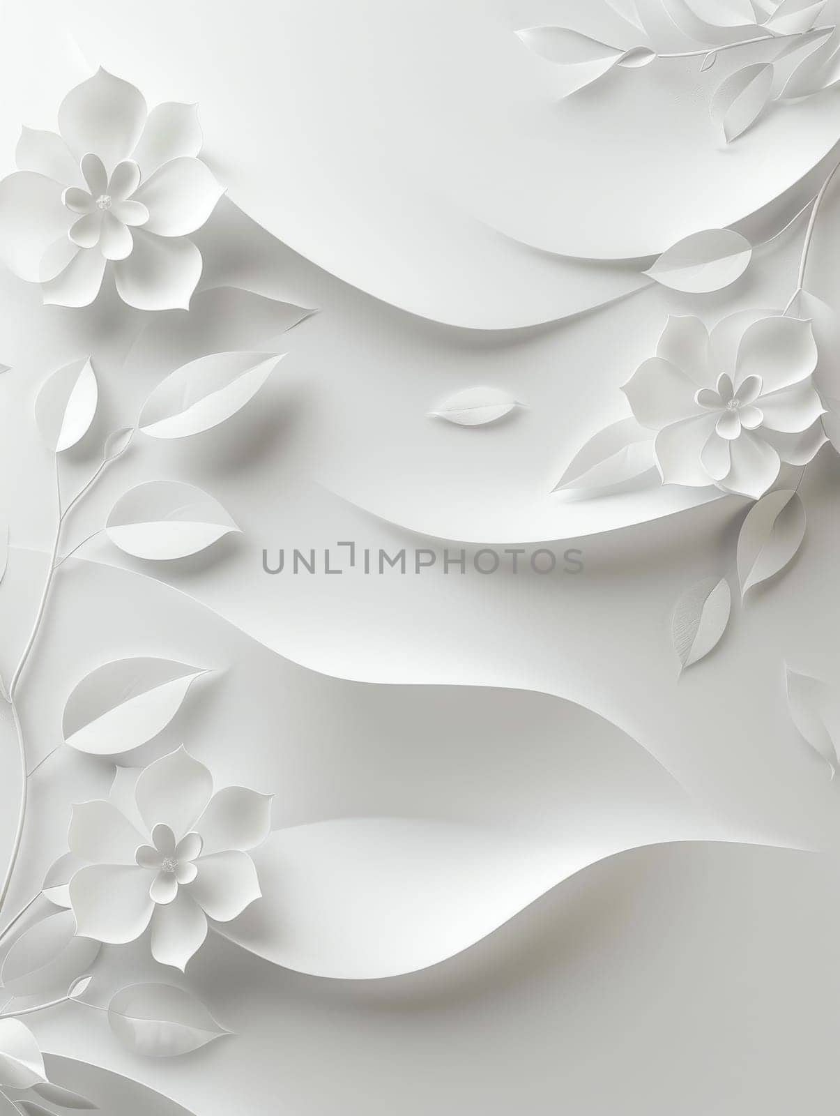 A white background with a flowery design. The flowers are white and the leaves are also white. The design is very intricate and detailed